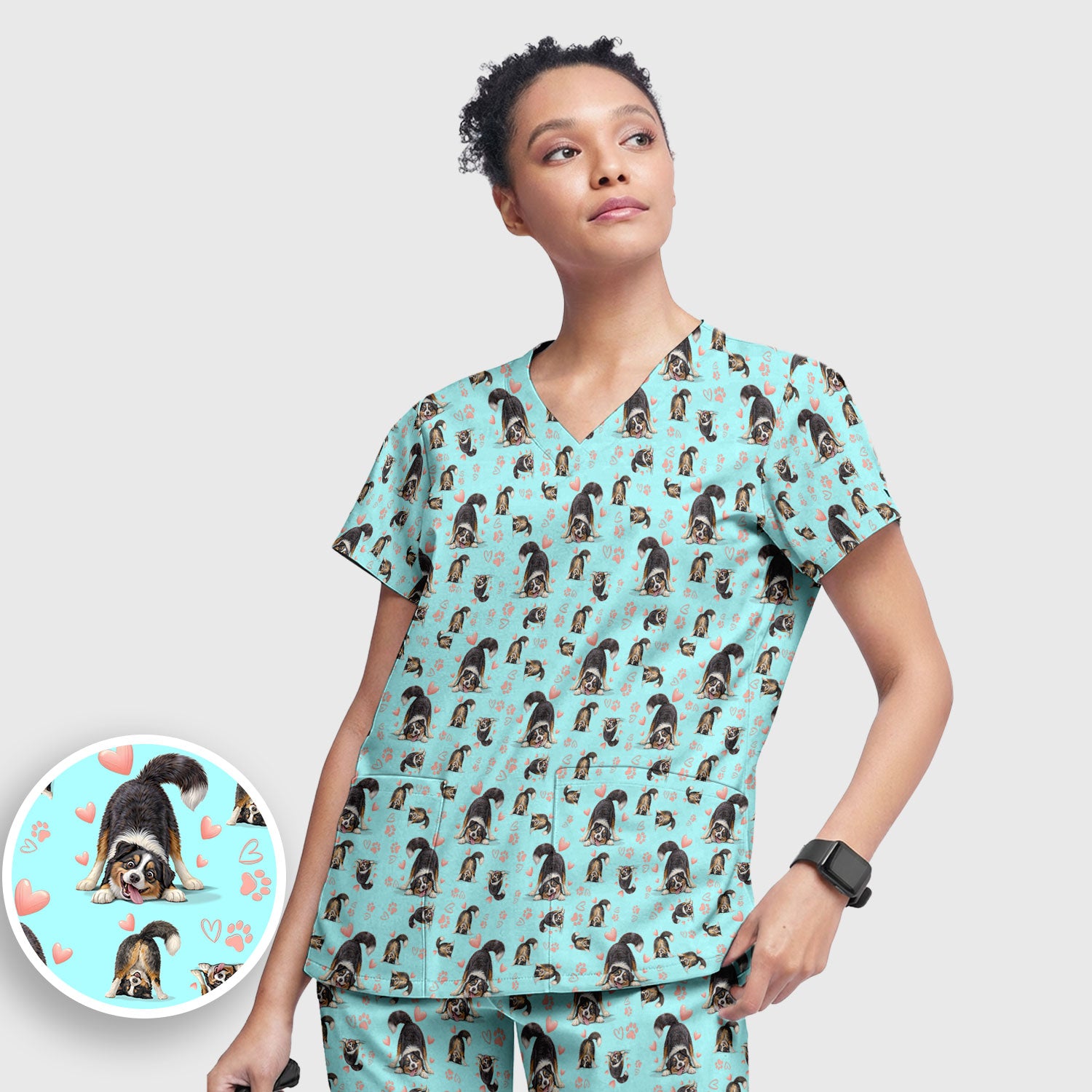 Playful Dog Heart Medical Print Scrub Set, Breathable Med Uniform