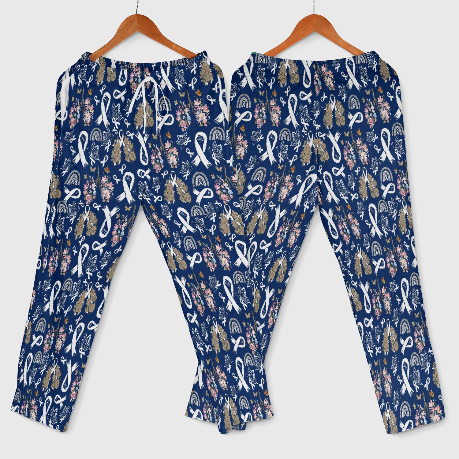 Lung Cancer Awareness Scrub Sets for Women - White Ribbon Butterfly Floral Scrub Pants and V Neck Top - Comfortable Med Uniform for Her