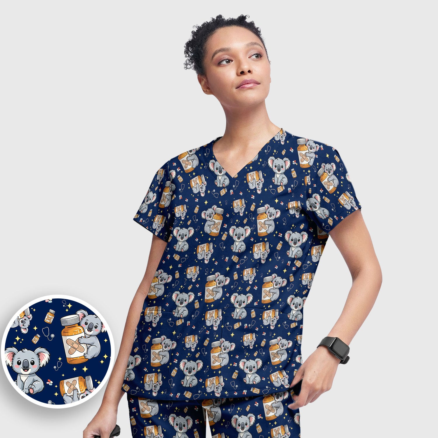 Cute Koala Nurse Bandage Medicine Print Scrub Set, Breathable Med Uniform