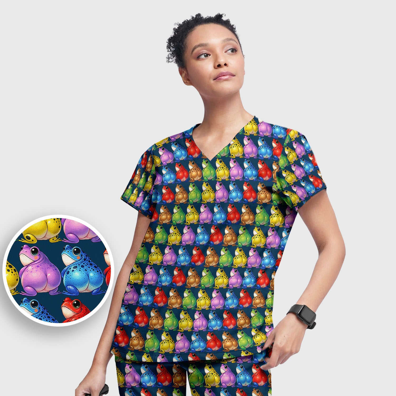 Funny Colorful Frogs Pattern Scrubs Sets, Scrub Pants and V Neck Top