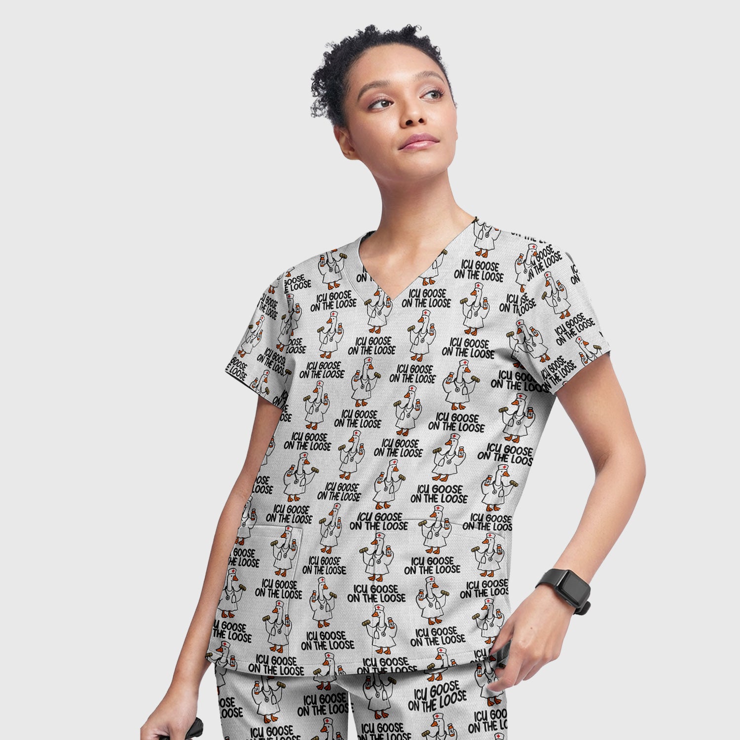 Funny ICU Goose On The Loose Nurse Pattern Scrub Set, Scrub Pants and V Neck Top