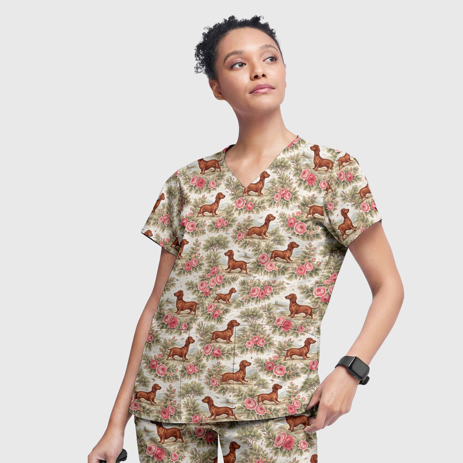 Vintage Dachshund Rose Floral Pattern Scrub Set, Scrub Pants and V Neck Top