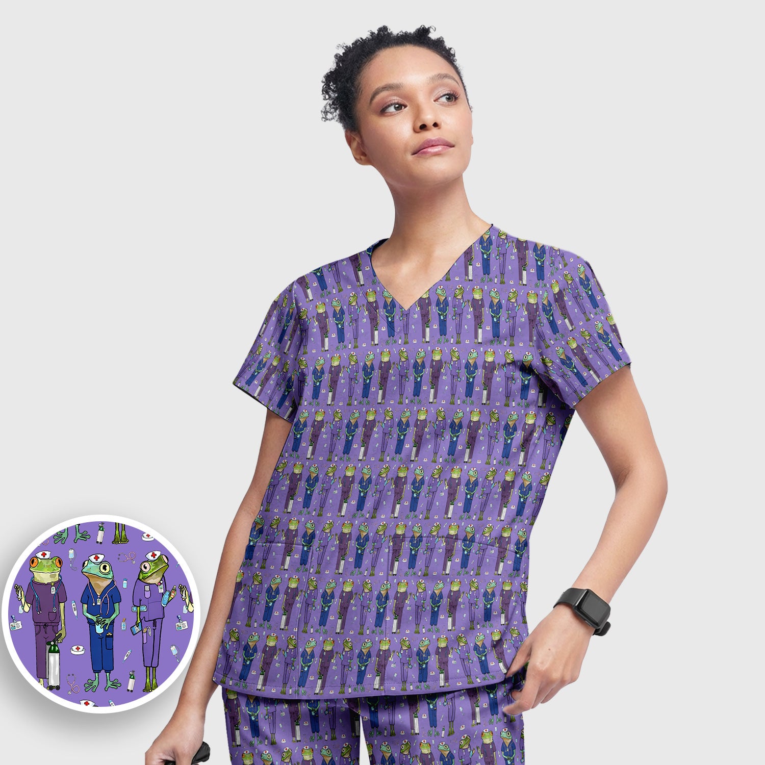 Frog Nurse Pattern V Neck Medical Scrub Set for Healthcare Workers