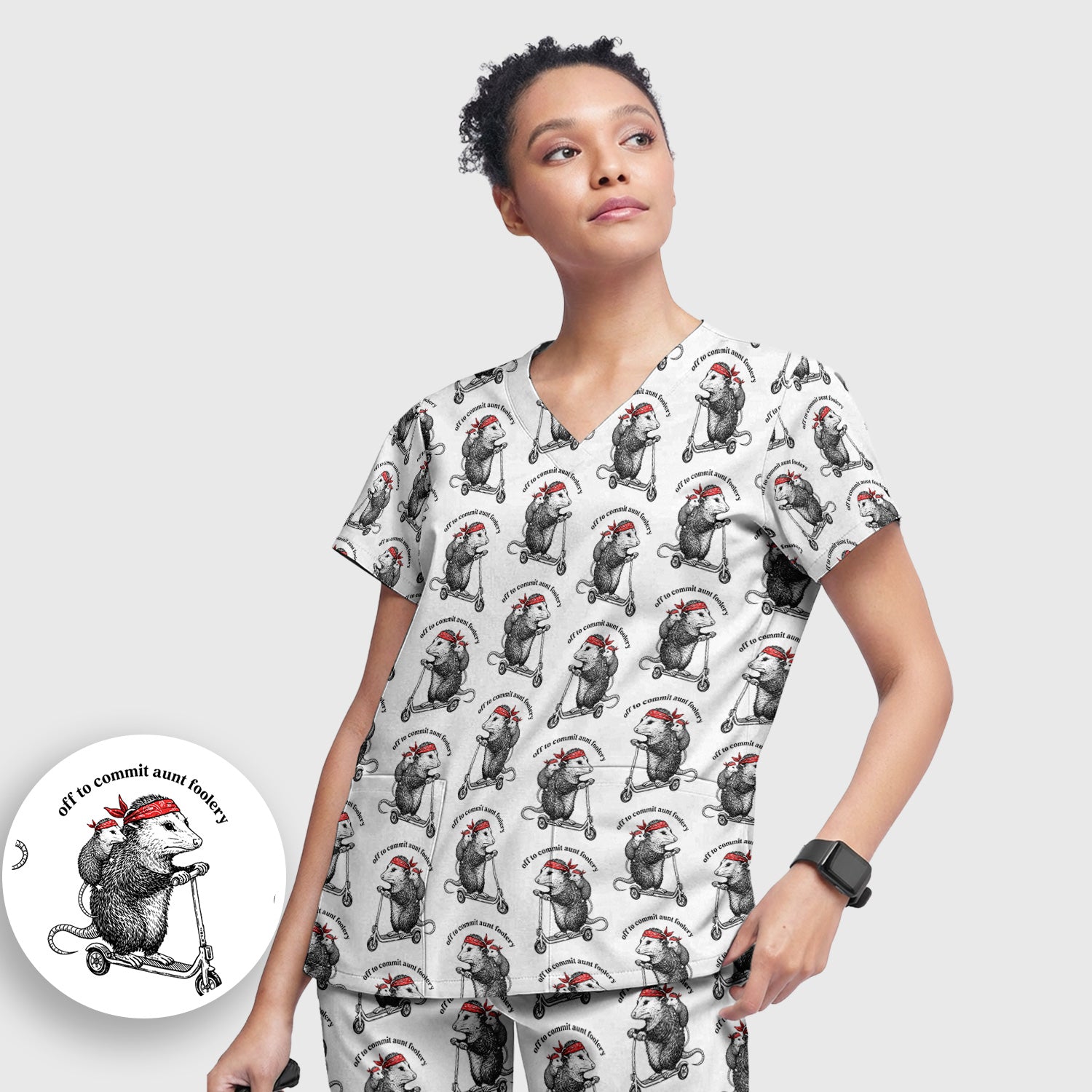 Aunt Foolery Opossum Pattern Scrub Set, Scrub Pants and V Neck Top