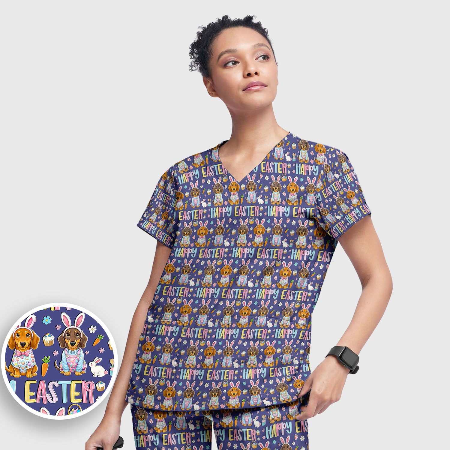 Happy Easter Dachshund Puppy Pattern Scrub Set, Breathable Med Uniform