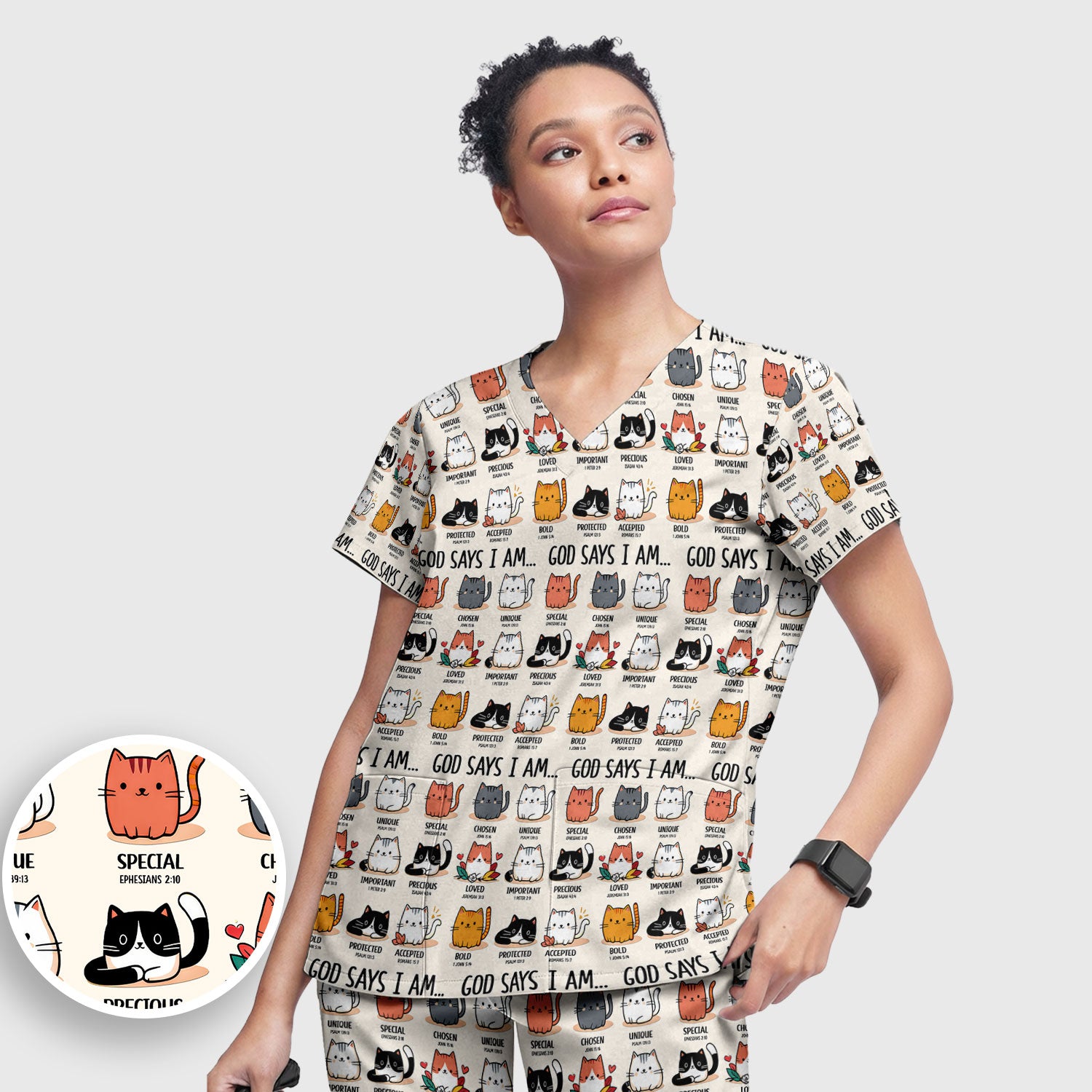 Cute Christian Cat God Says I Am Women's Scrub Set, Breathable Med Uniform