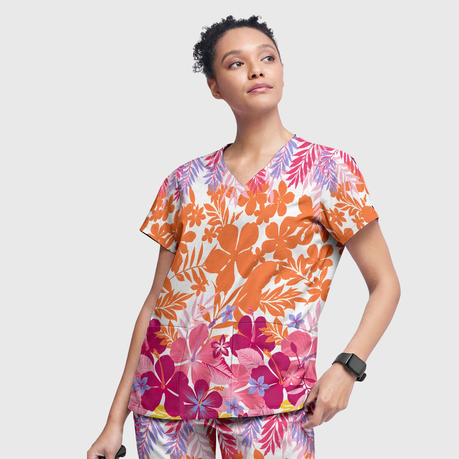 Cheerful Tropical Hibiscus Bloom Pattern Scrub Set, Scrub Pants and V Neck Top