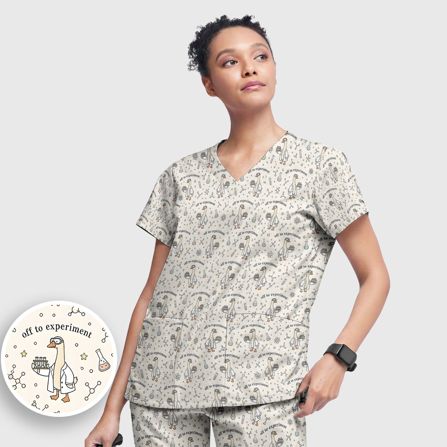 Funny Off To Experiment Scientist Goose Scrub Set, Scrub Pants and V Neck Top