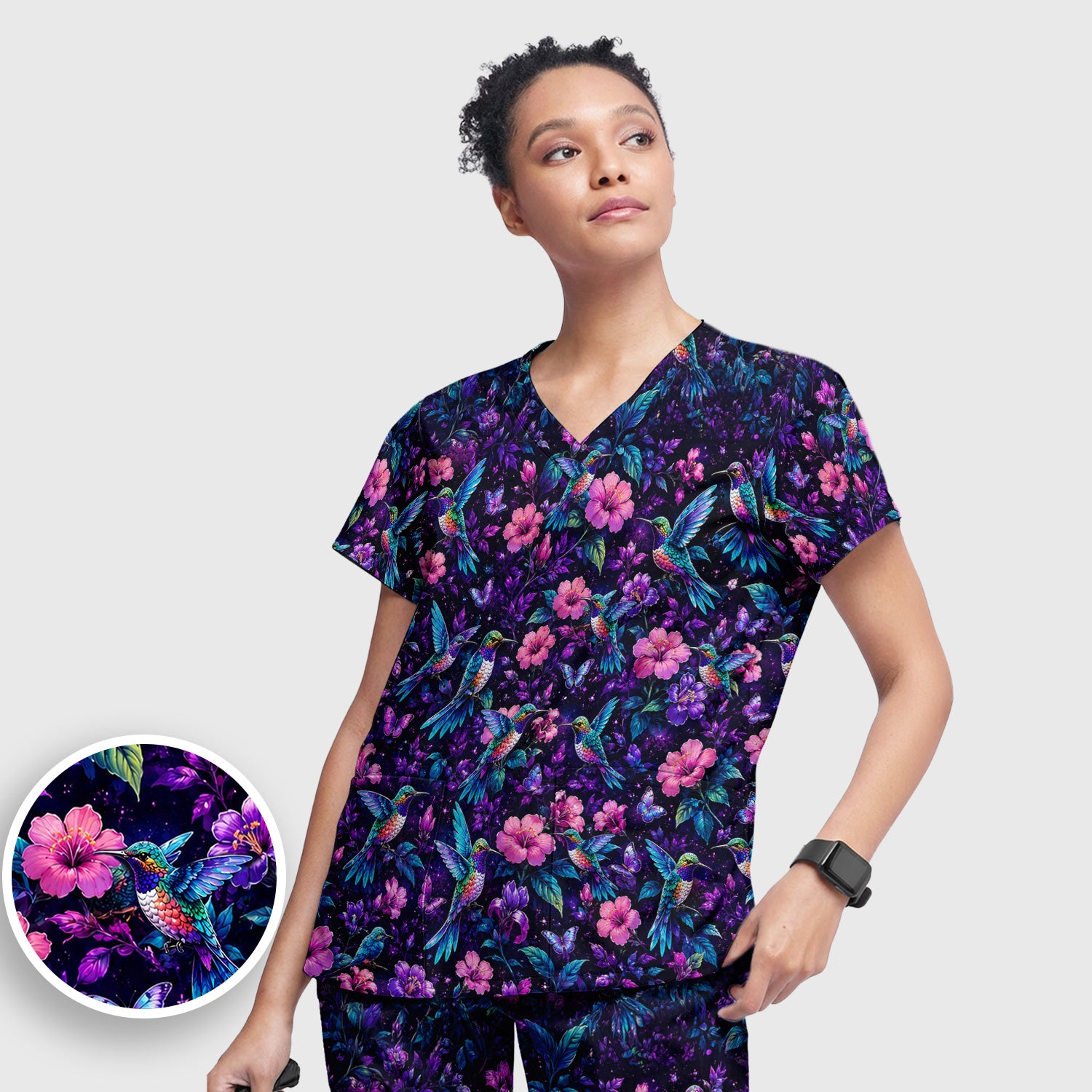 Vibrant Hummingbird Hibiscus Blossom Pattern Scrub Set, Scrub Pants and V Neck Top