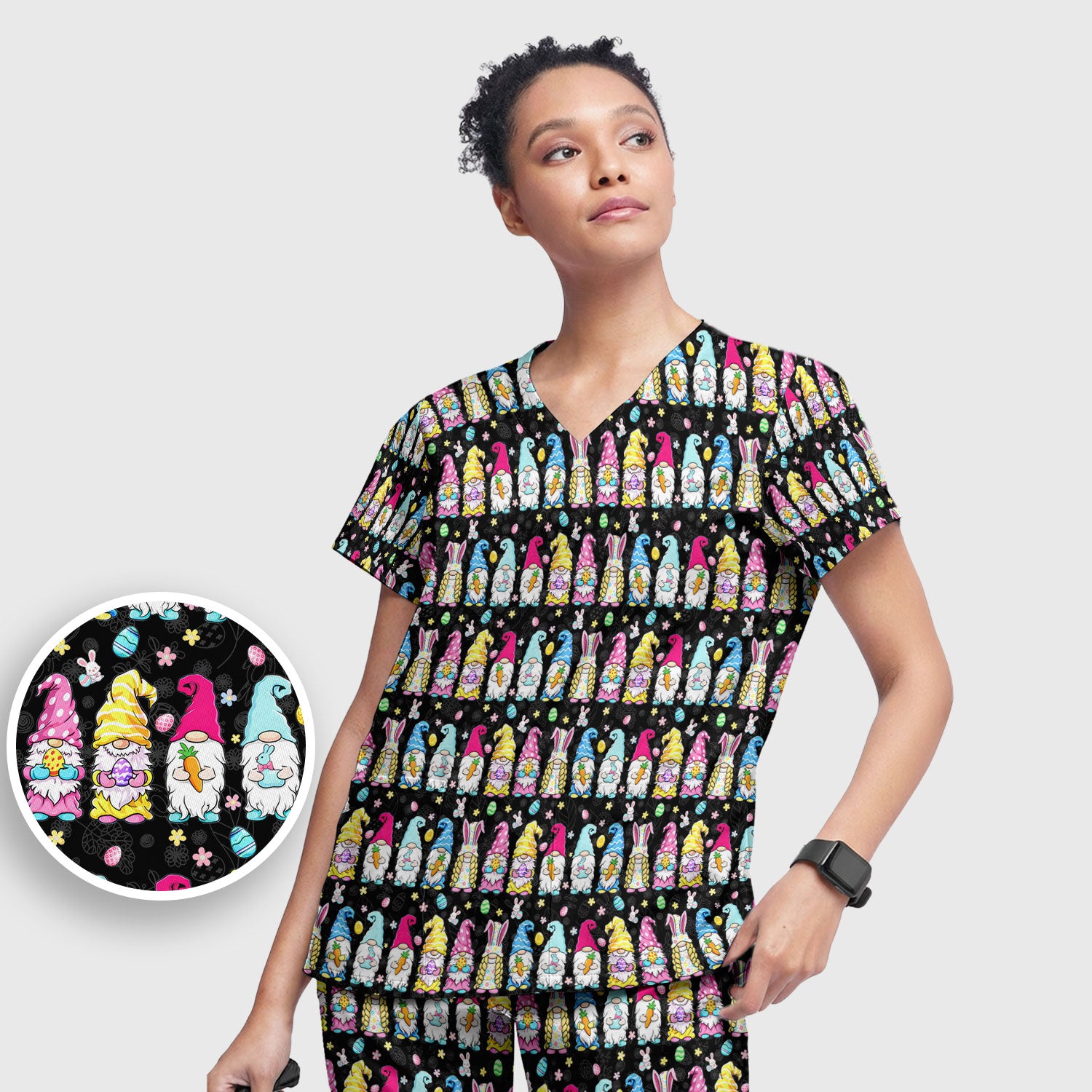 Colorful Easter Gnome Bunny Eggs Pattern Scrub Set, Women's Scrub Sets