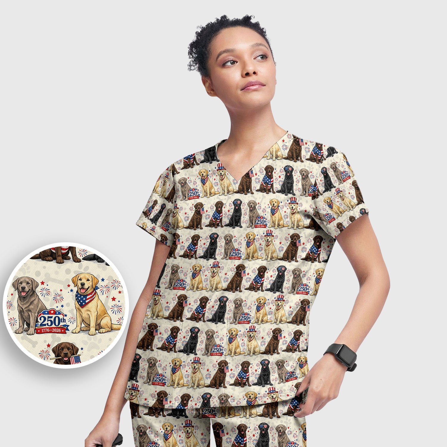 4th of July Labrador Dog Patriotic Print Scrub Set, Scrub Pants and V Neck Top