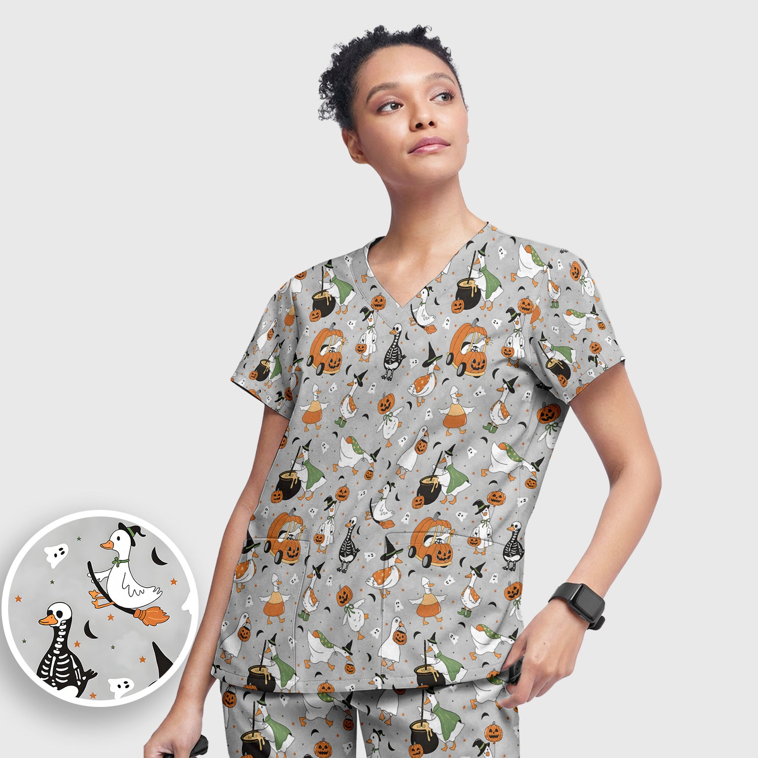 Goose with Pumpkin Checkered Print Scrub Set, Scrub Pants and V Neck Top