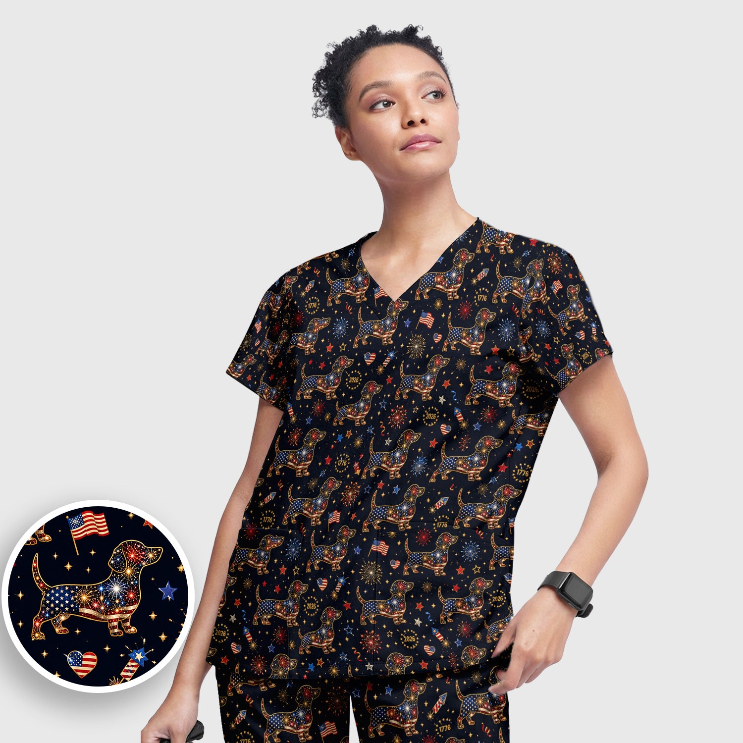 Patriotic Dachshund Fourth Of July Scrub Set, Scrub Pants and V Neck Top