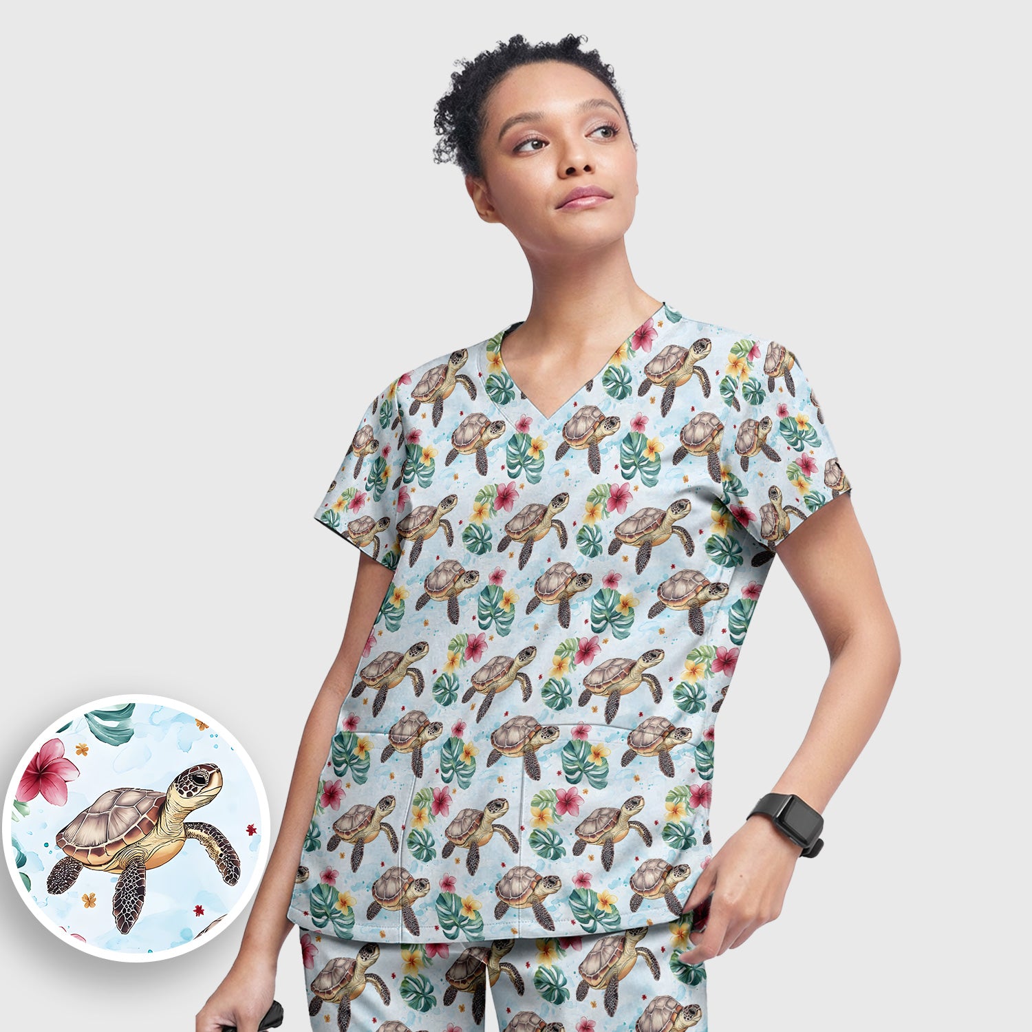 Sea Turtle Tropical Floral Pattern Scrub Set, Scrub Pants and V Neck Top