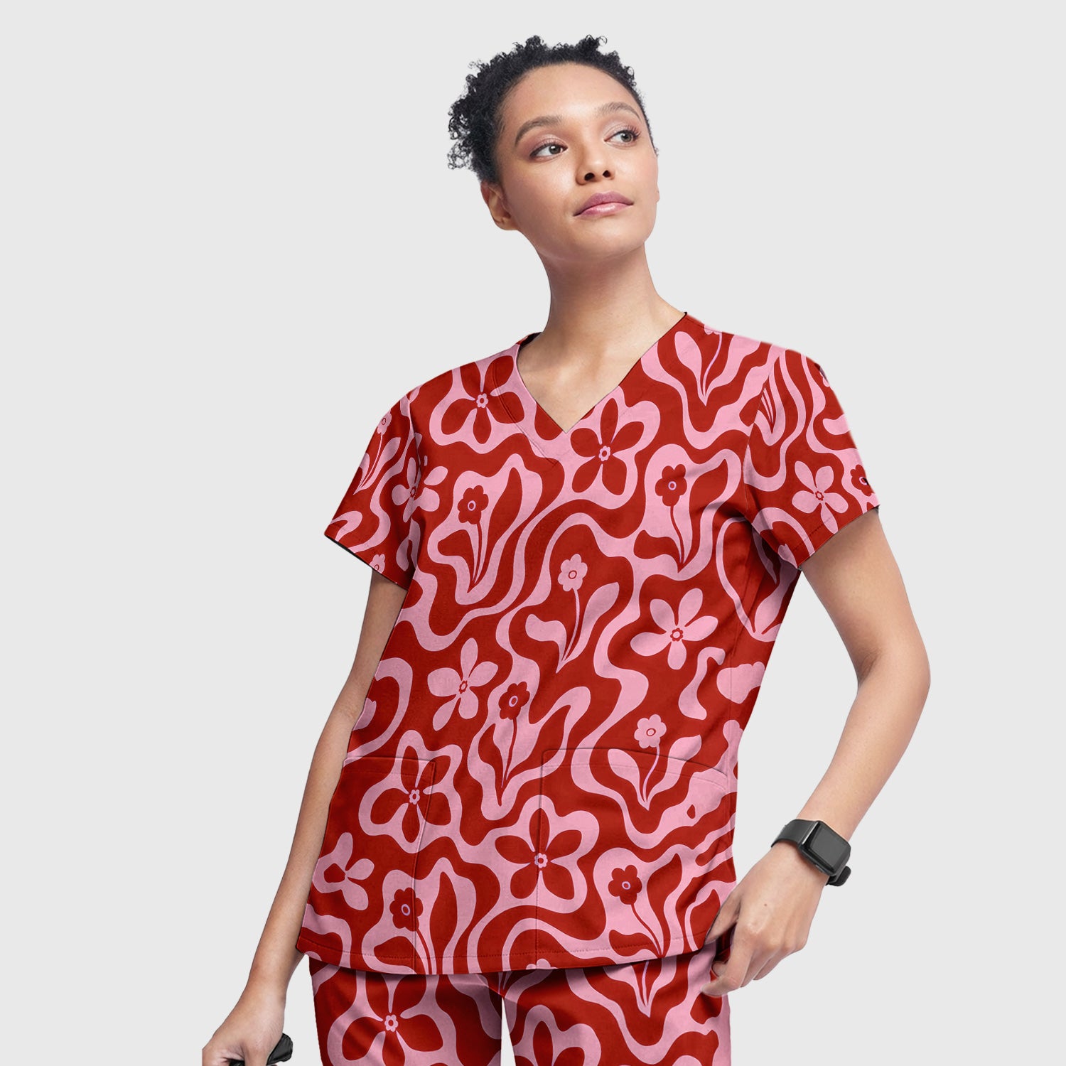 Retro Pink Floral Pattern, Groovy Medical Scrub Set, Scrub Pants and V Neck Top
