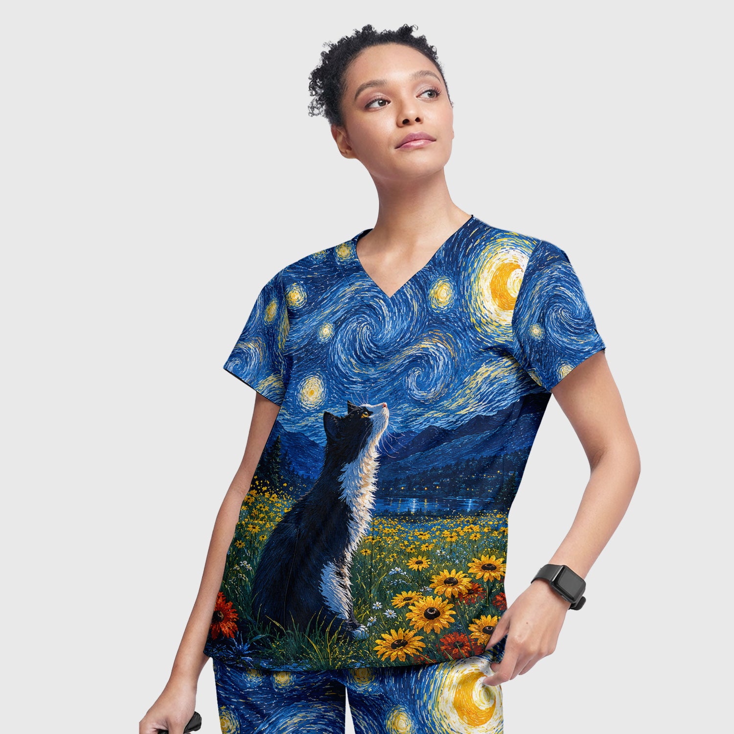 Starry Cat Night Veterinary Nurse Pattern Scrub Set, Scrub Pants and V Neck Top