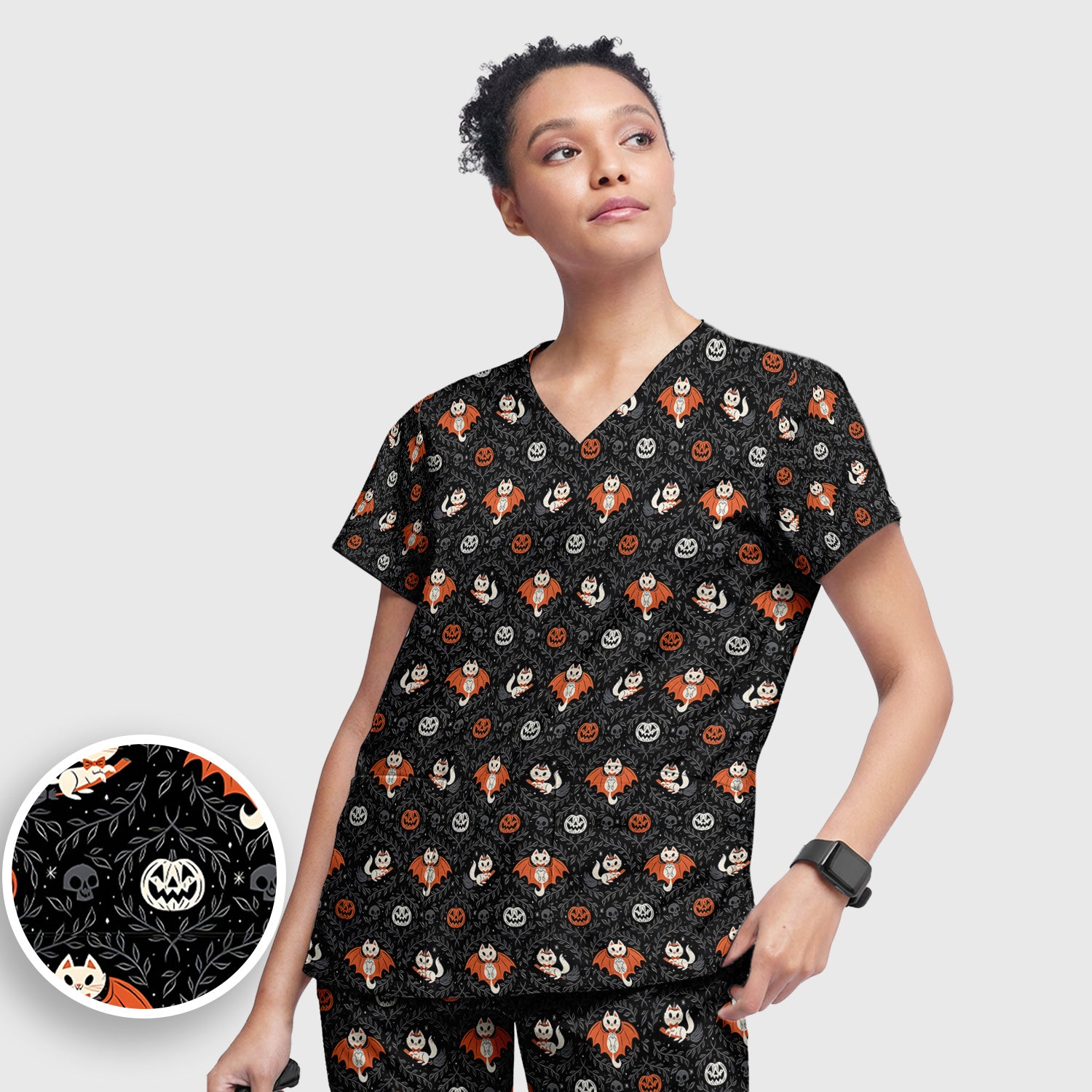 Cute Halloween Vampire Cat Pattern Scrub Set, Scrub Pants and V Neck Top