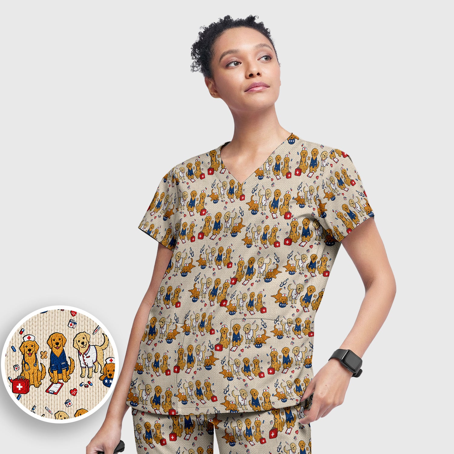 Golden Retriever Nurse Dog Pattern Scrub Top, Breathable Fabrics Nursing Uniform Scrub Set, Scrub Pants and V Neck Top