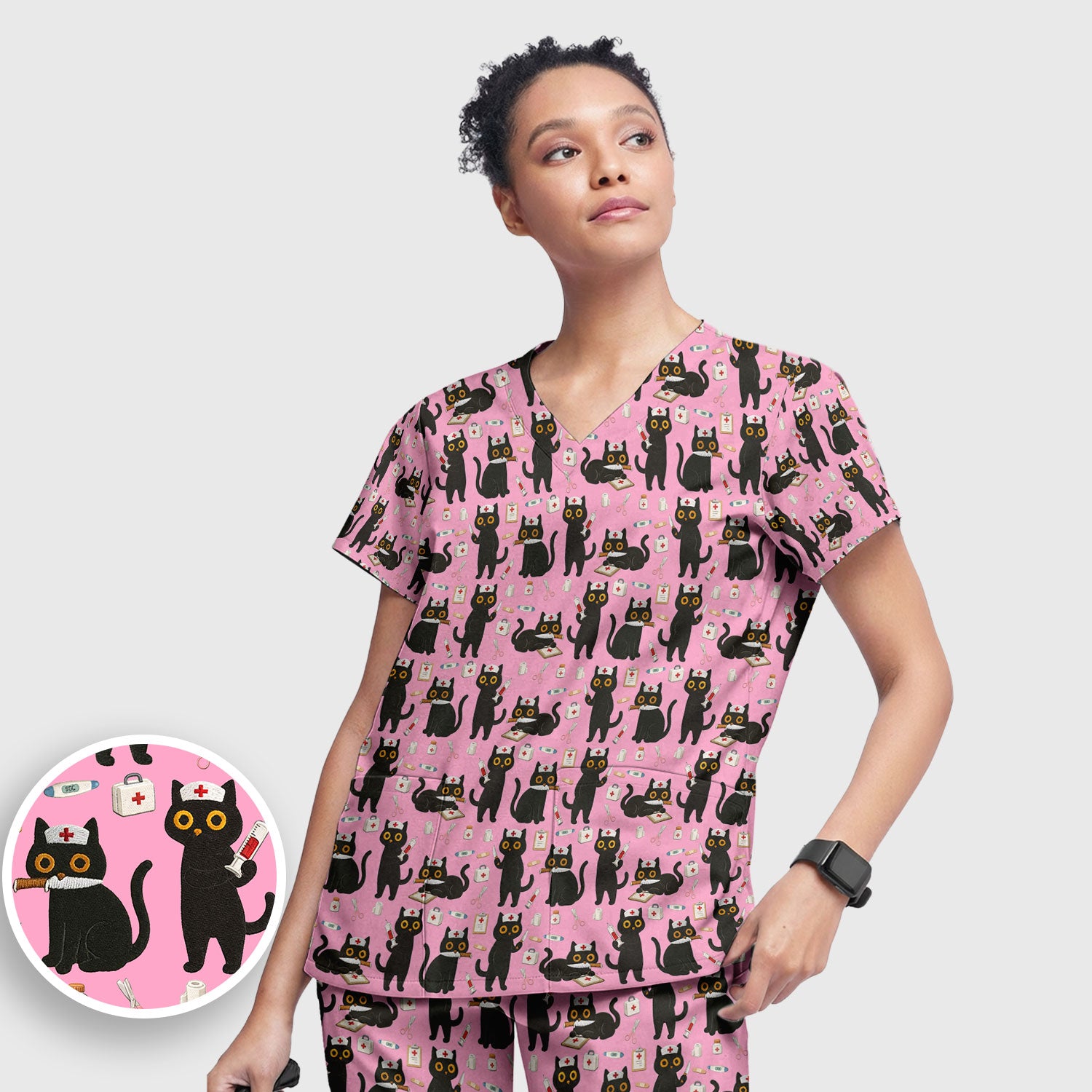 Cute Black Cat Nurse Pattern Women's Scrub Set, Breathable Med Uniform