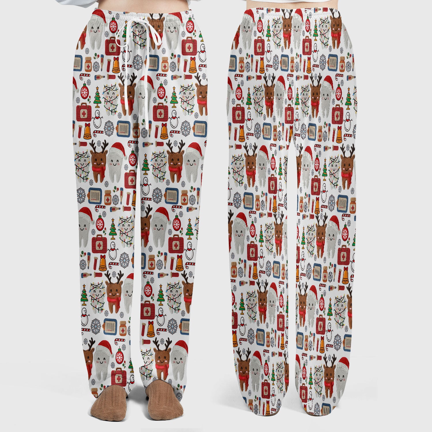 Christmas Dental Scrub Set - Cute Santa & Reindeer Tooth Pants and V Neck Top - Funny Gift for Dentists, Hygienists, Nurses