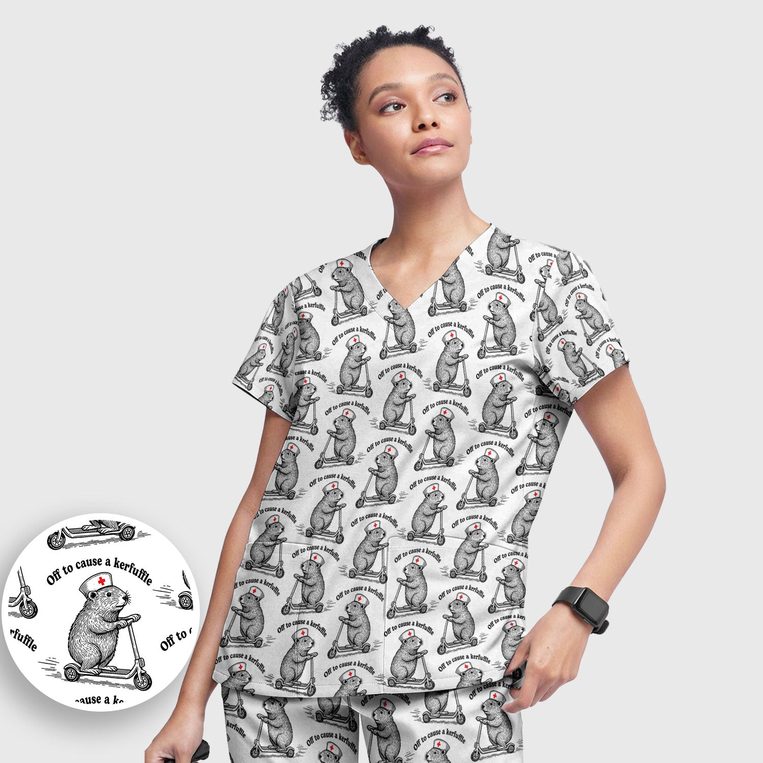 Funny Nurse Mouse Scooter Print Women's Scrub Set, Scrub Pants and V Neck Top