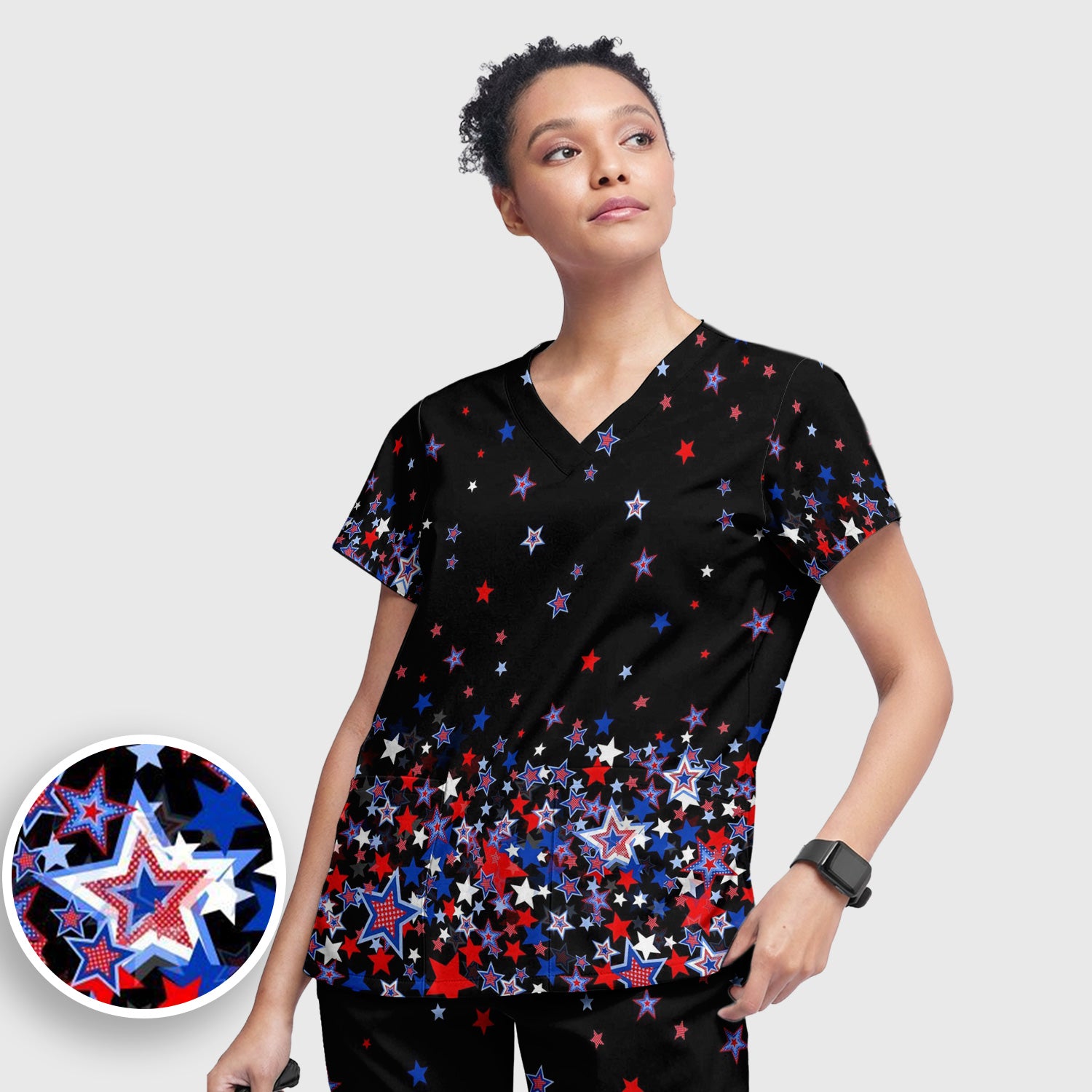 Festive Patriotic Red Blue Star Pattern Scrub Set, Scrub Pants and V Neck Top