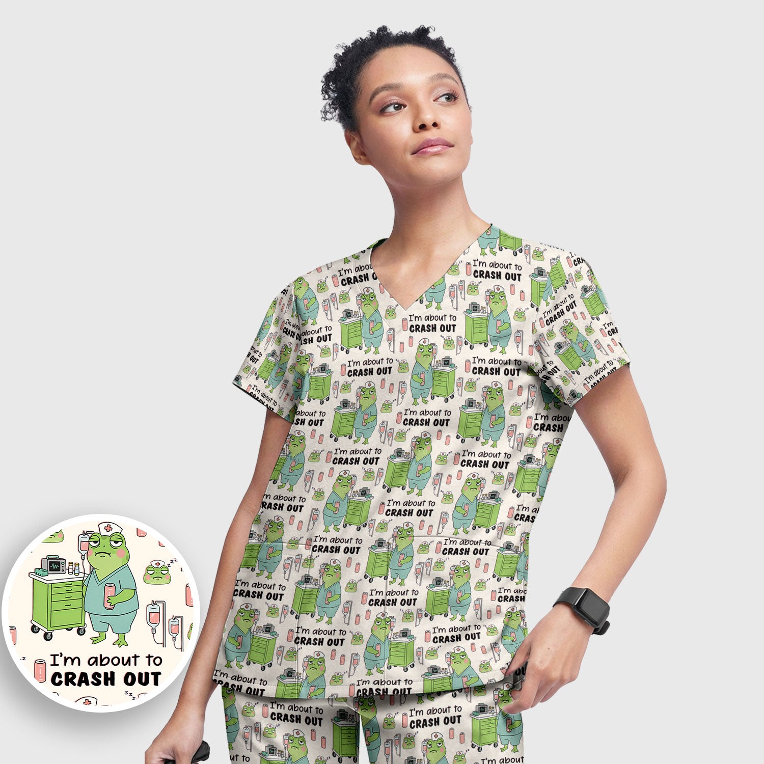 Funny Frog Pattern Nurse Scrub Set, I’m About to Crash Out Nurse Shirt, Breathable Fabrics Nursing Uniform