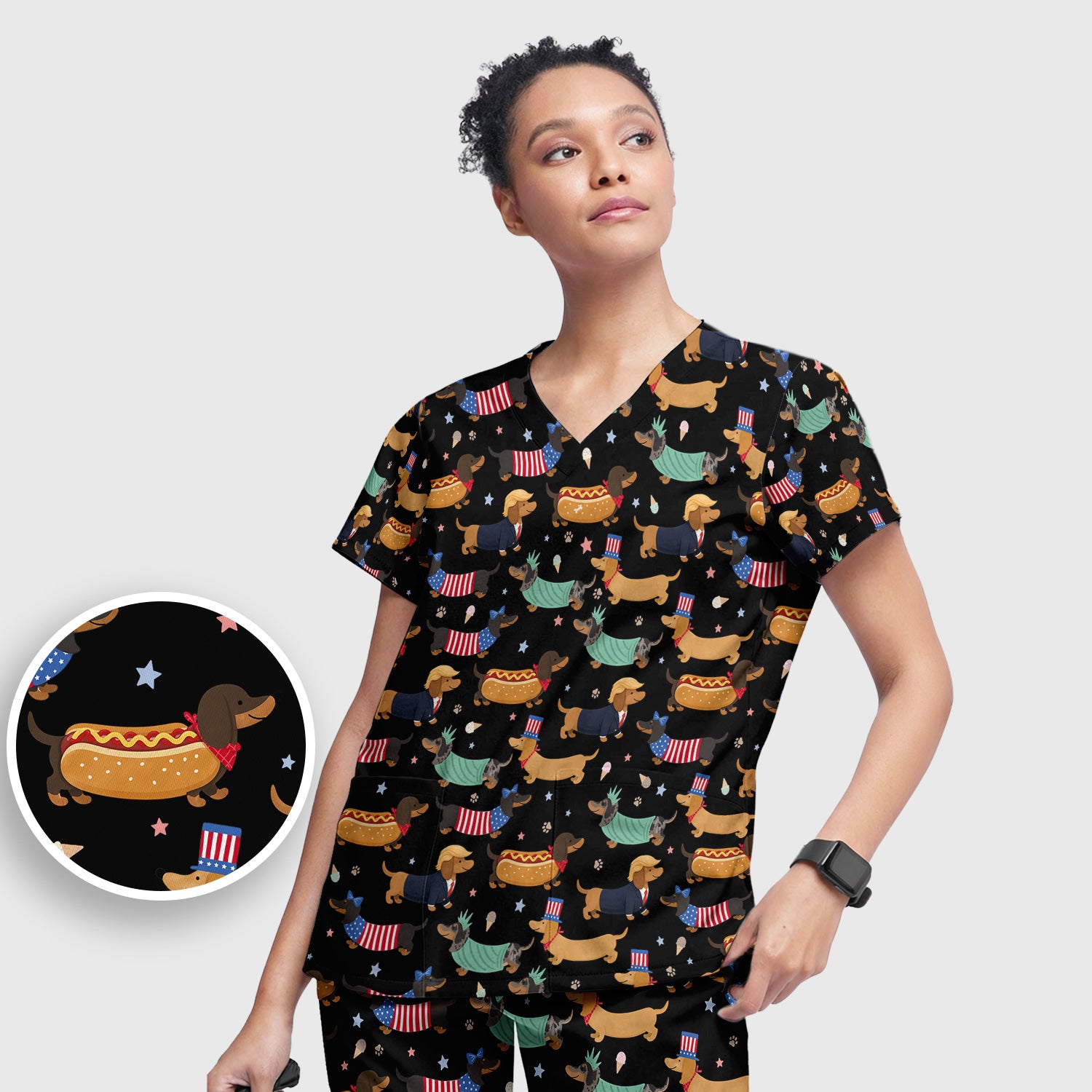 Funny Patriotic Dachshund Costume Dogs Scrub Set, Women's Scrub Sets