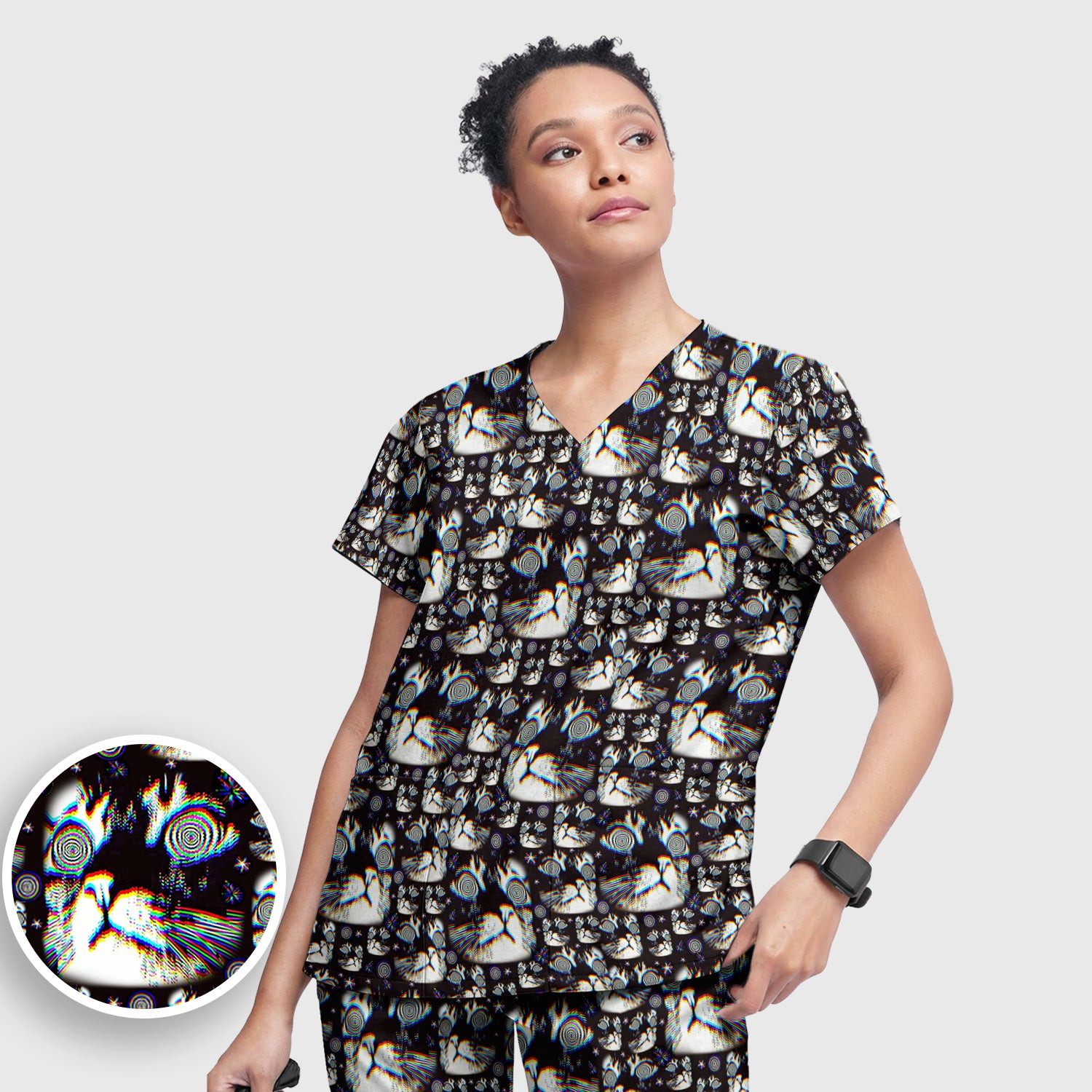 Funny Cosmic Cat Eye Spiral Pattern Scrub Set, Scrub Pants and V Neck Top
