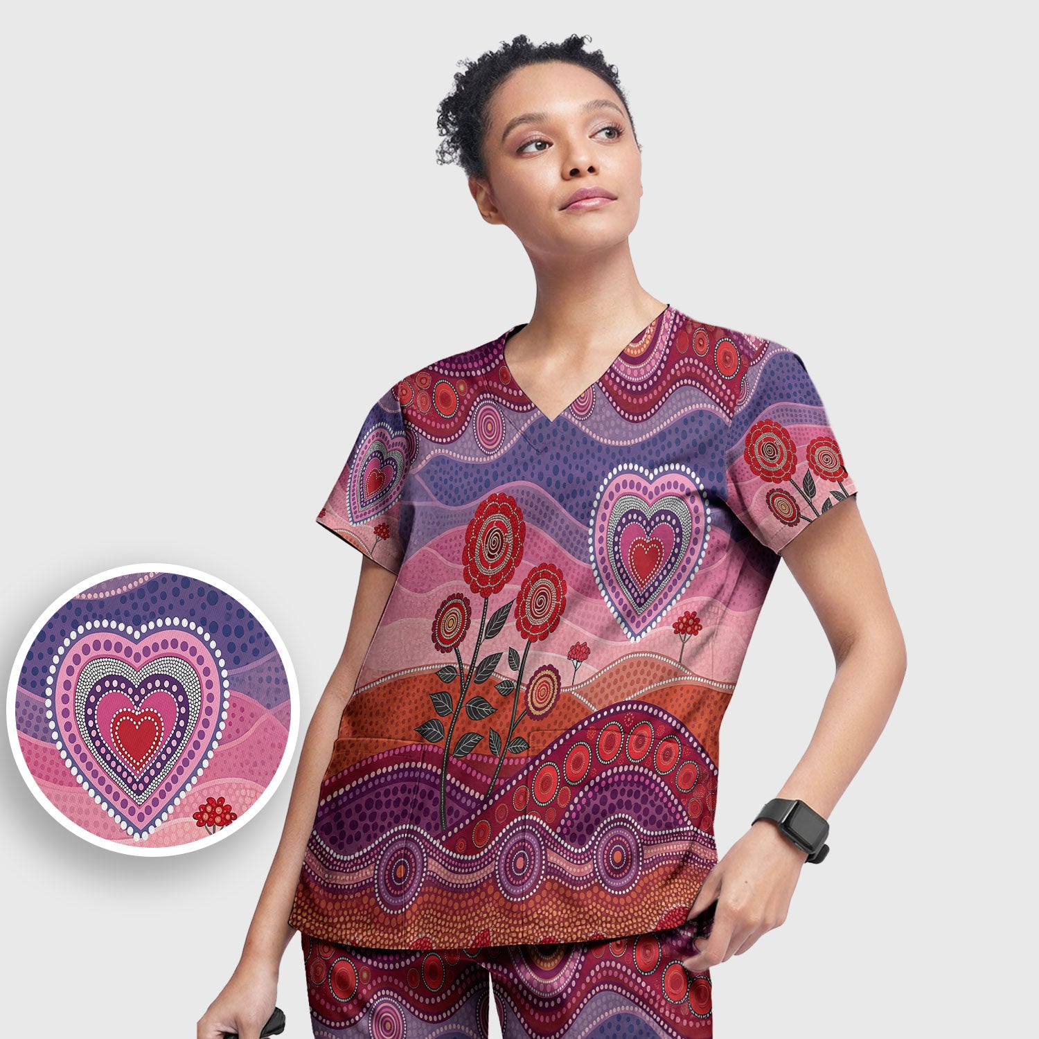 Boho Dot Art Valentine Scrub Set, Artistic Heart Pattern Nurse Shirt, Comfortable Scrubs For Nursing