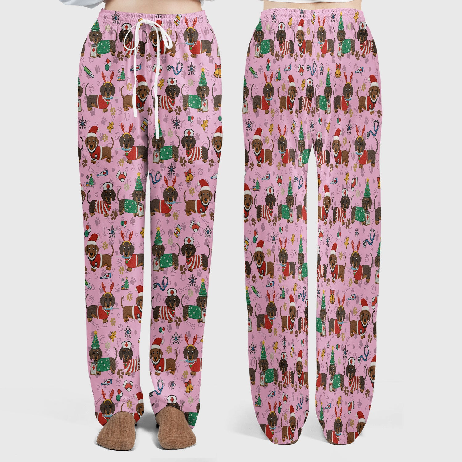Christmas Dachshund Scrub Set for Nurses - Cute Wiener Dog Scrubs Pants and V Neck Top - Cute Puppy Med Uniform Gift for Women