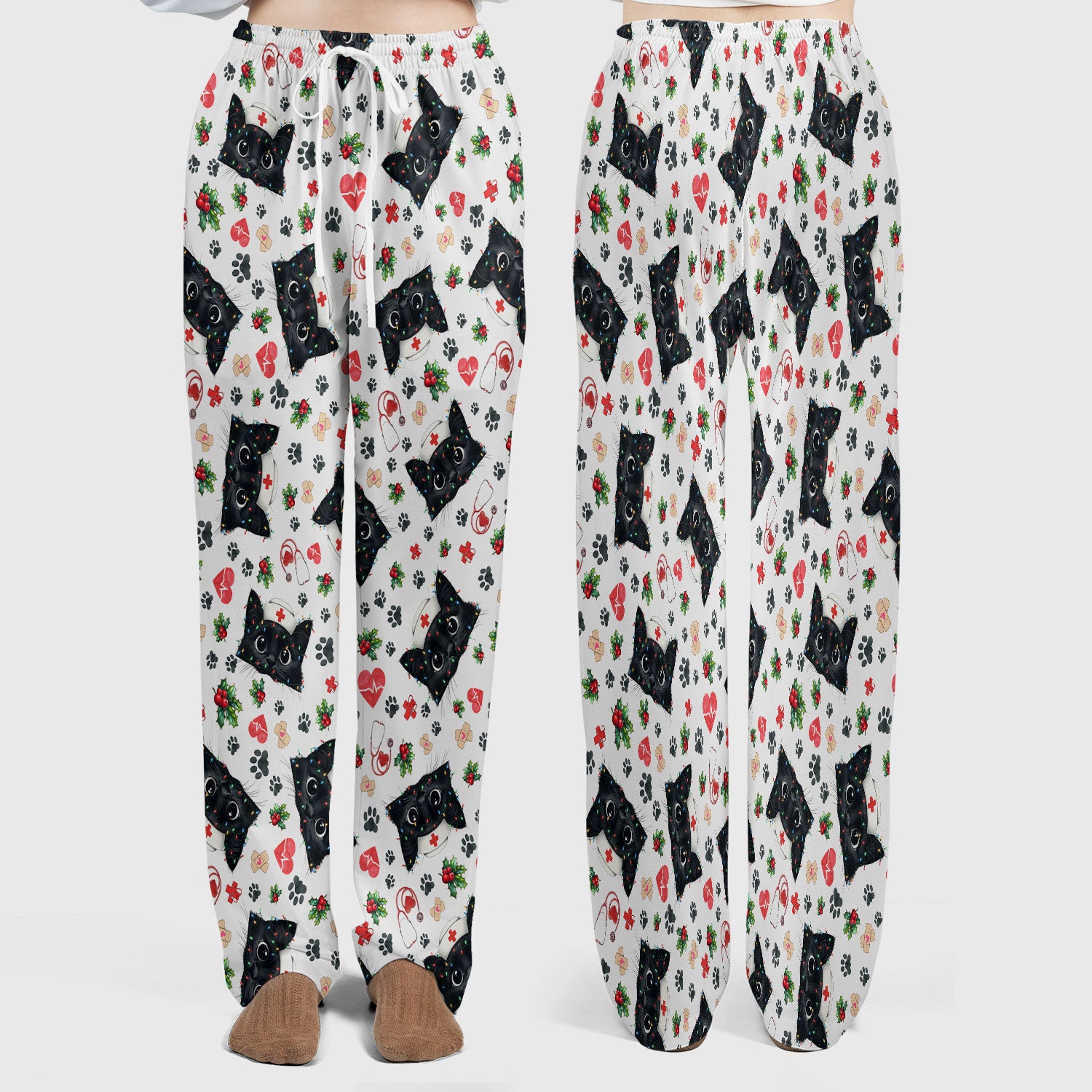 Black Cats Comfortable Scrubs for Nurses - Cute Kittens Christmas Scrubs Pants and V Neck Top - Breathable Med Uniform Gift for Women