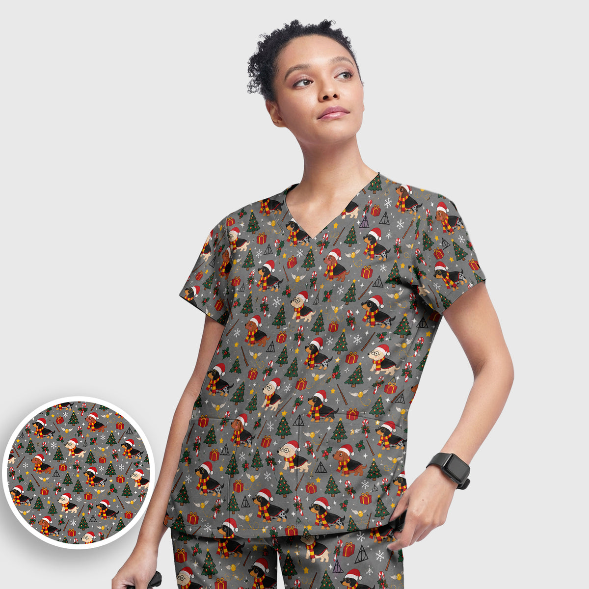 Christmas Wizard Dachshunds Pattern Scrub Set, Scrub Pants and V Neck Top