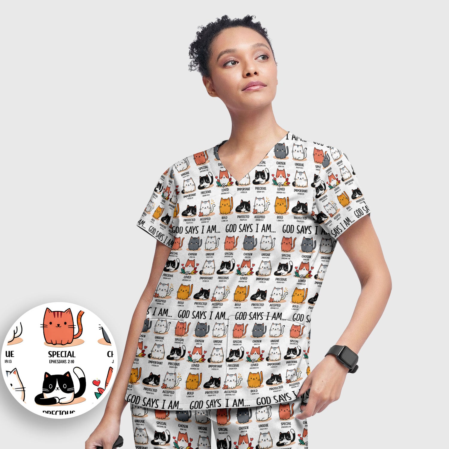 Cute Christian Cat God Says I Am Women's Scrub Set, Breathable Med Uniform