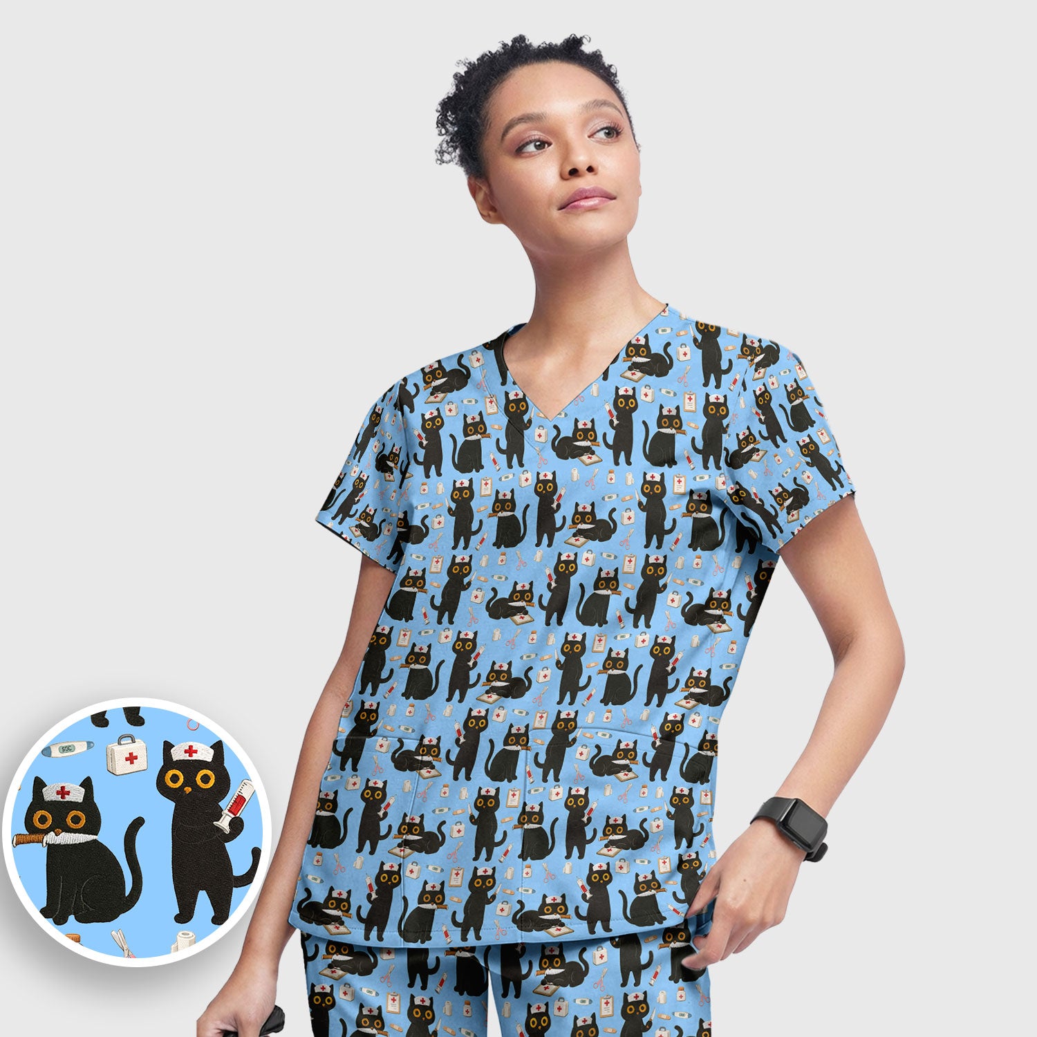 Cute Black Cat Nurse Pattern Women's Scrub Set, Breathable Med Uniform