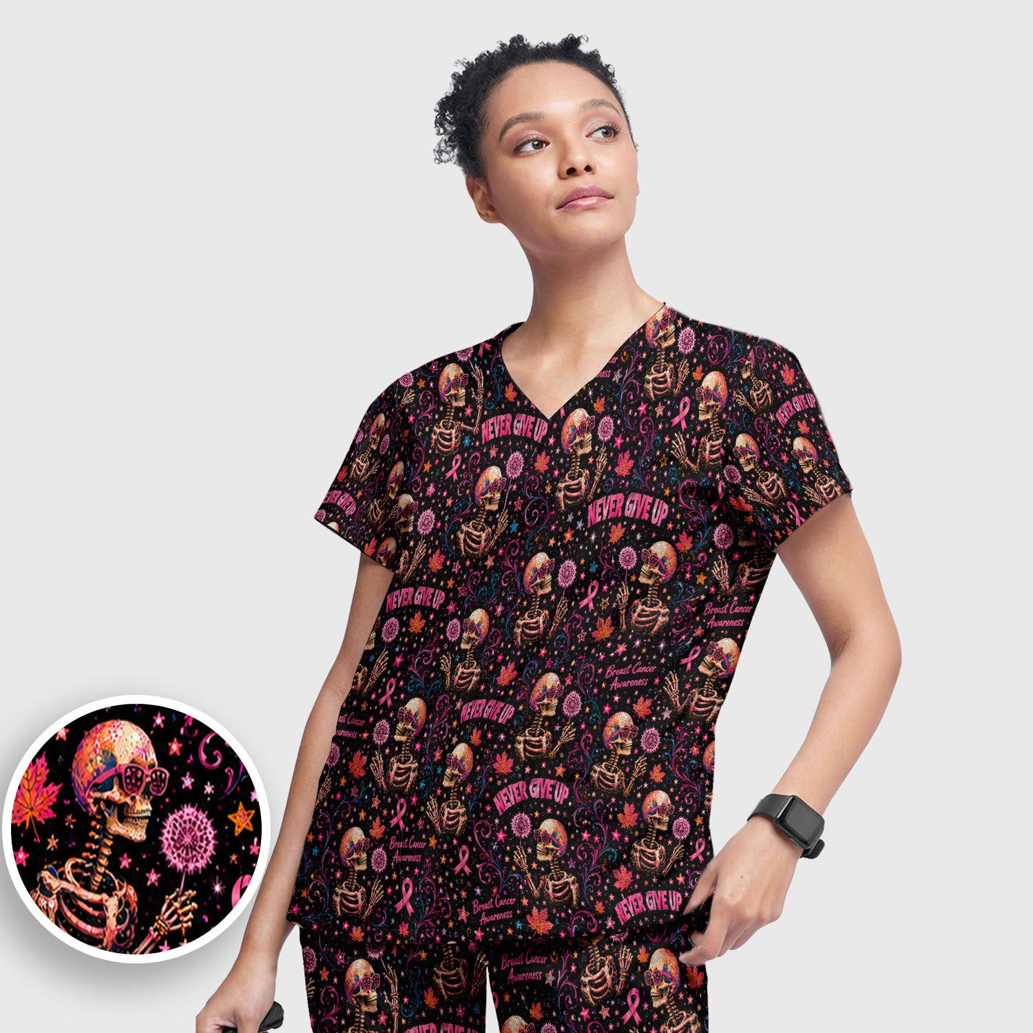 Breast Cancer Awareness Skeletons Pattern Scrub Set, Scrub Pants and V Neck Top
