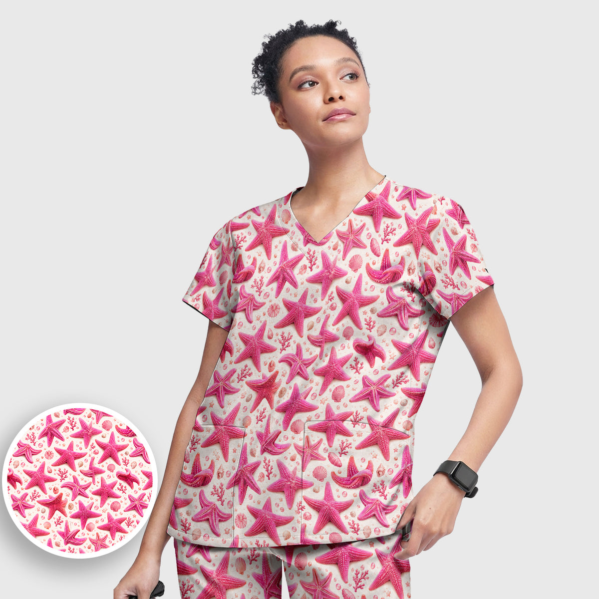 Pink Starfish And Seashell Pattern Scrub Set, Scrub Pants and V Neck Top
