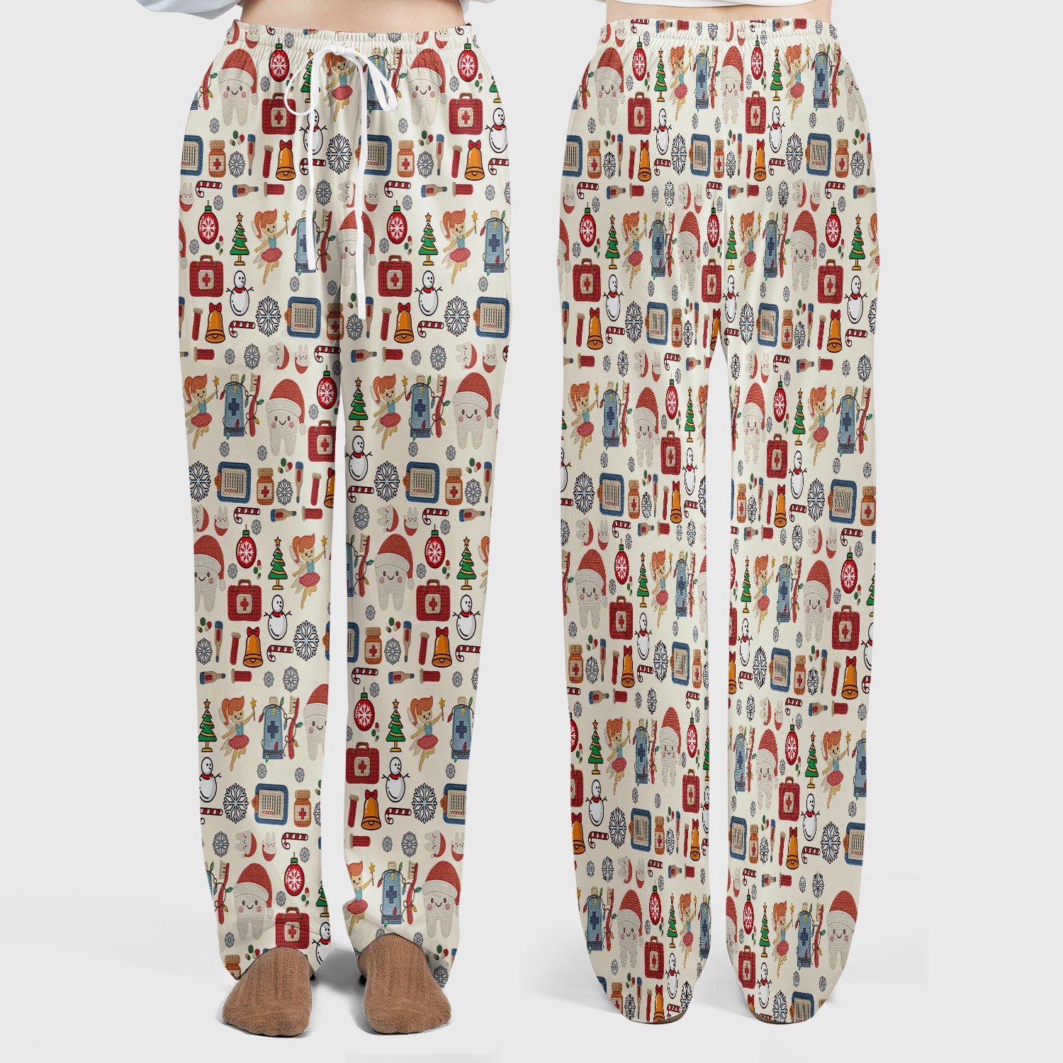 Christmas Dental Scrub Set - Cute Santa Tooth & Snowman Scrubs Pants and V Neck Top - Funny Holiday Gift for Dentists, Hygienists