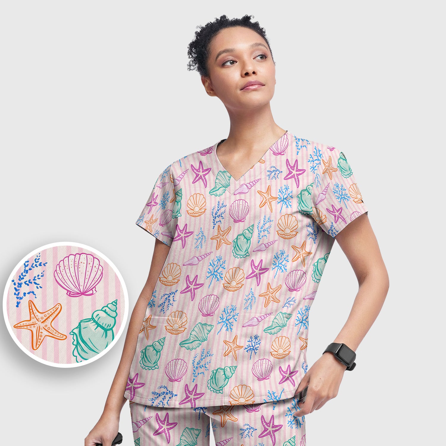 Colorful Seashell Starfish Ocean Stripe Pattern Scrub Set, Women's Scrub Sets