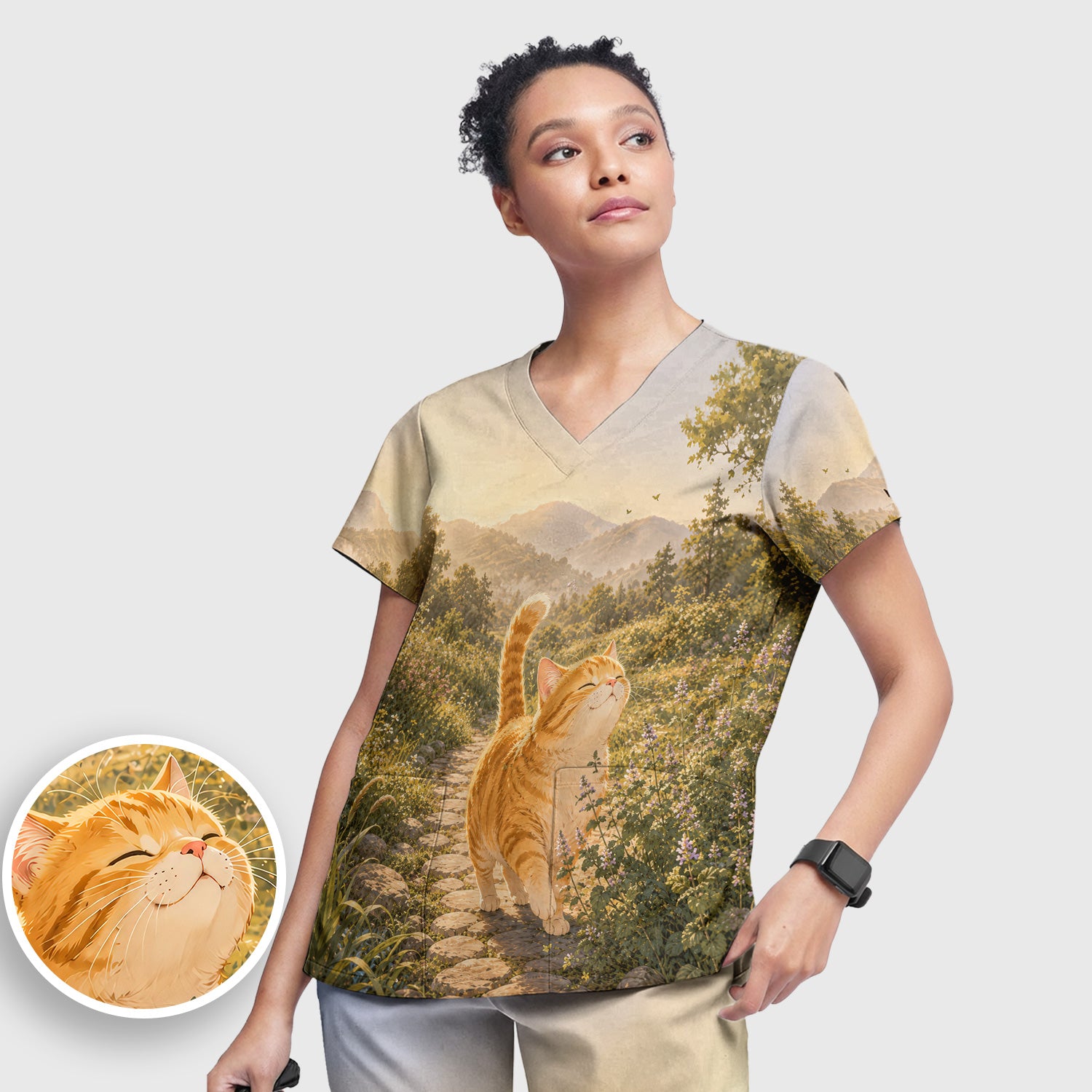 Sunny Mountain Cat Nurse, Nature Lover Medical Scrub Set, Scrub Pants and V Neck Top