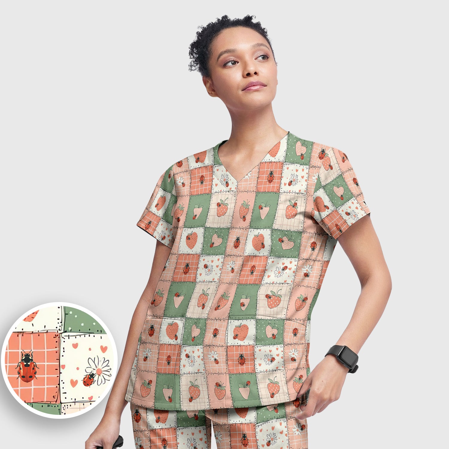Strawberry Ladybug Patchwork Pattern Scrub Set, Scrub Pants and V Neck Top