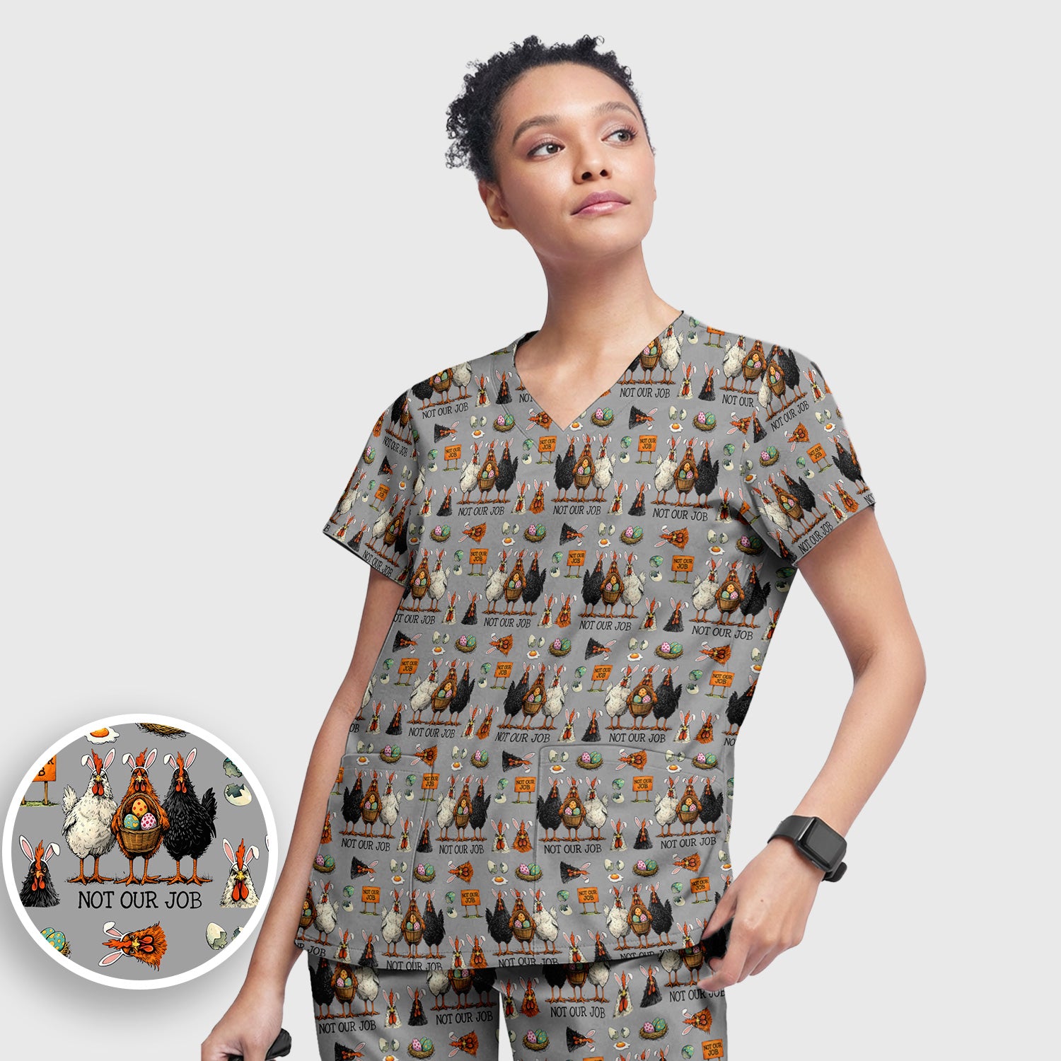 Funny Easter Chicken Humor Pattern Scrub Set, Scrub Pants and V Neck Top