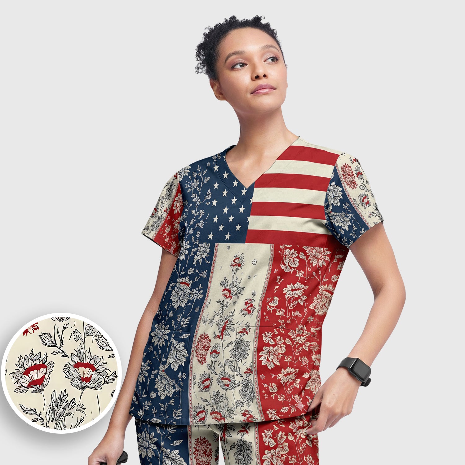Patriotic Nurse Flag Patchwork Pattern Scrub Set, Scrub Pants and V Neck Top