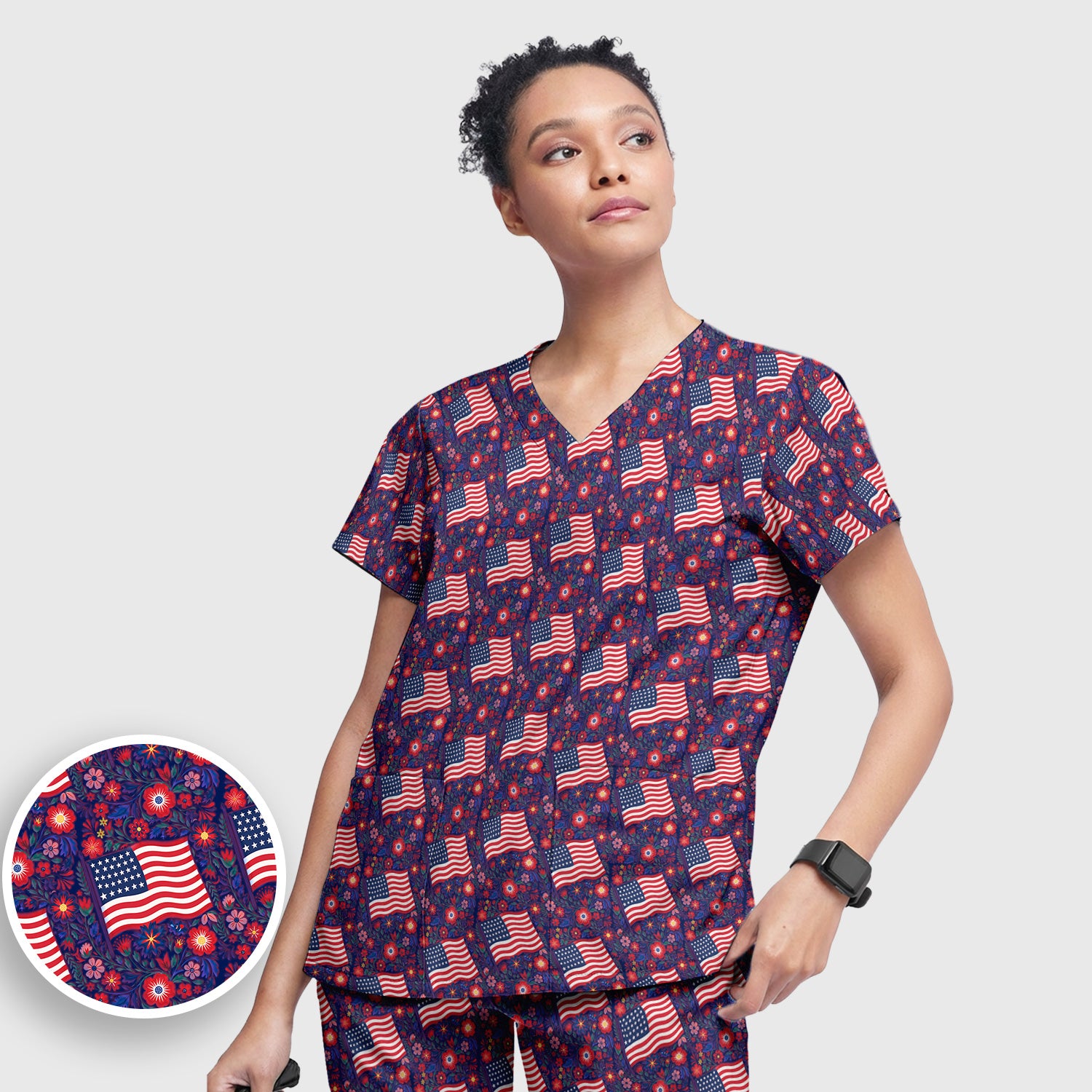 Patriotic USA Flag With Floral Fireworks Pattern Scrub Set, Scrub Pants and V Neck Top