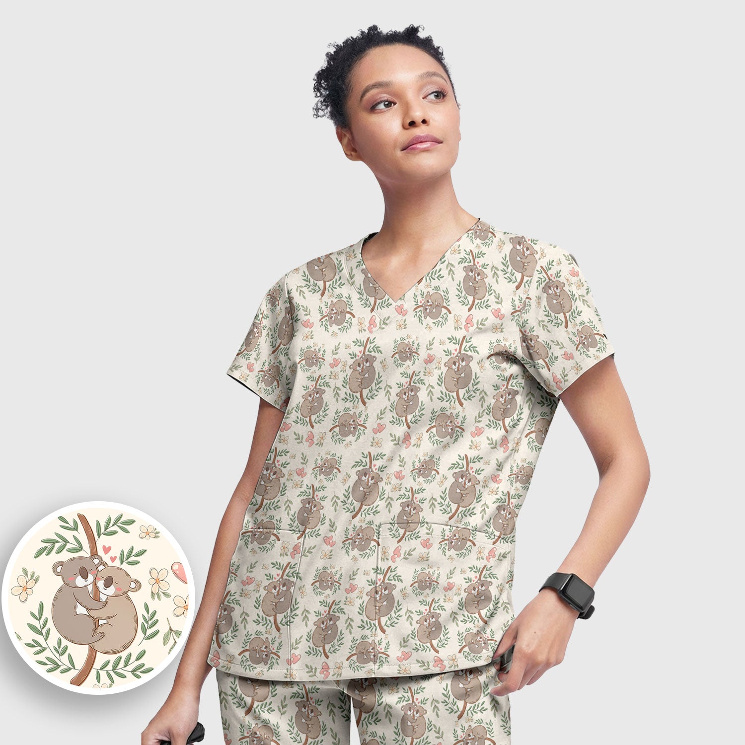 Cute Koala Couple Floral Medical Print Scrub Set, Women's Scrub Sets