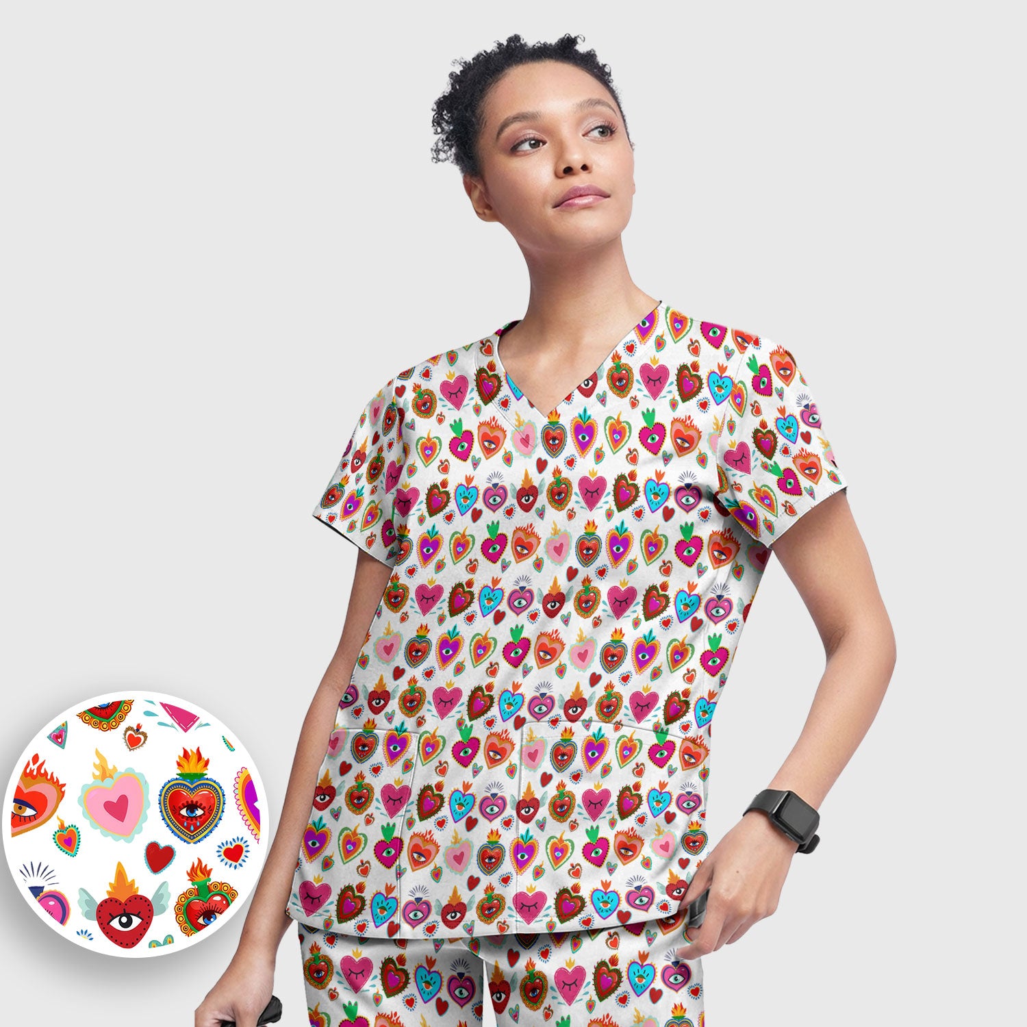 Valentine Colorful Sacred Heart Print Women's Scrub Set, Scrub Pants and V Neck Top