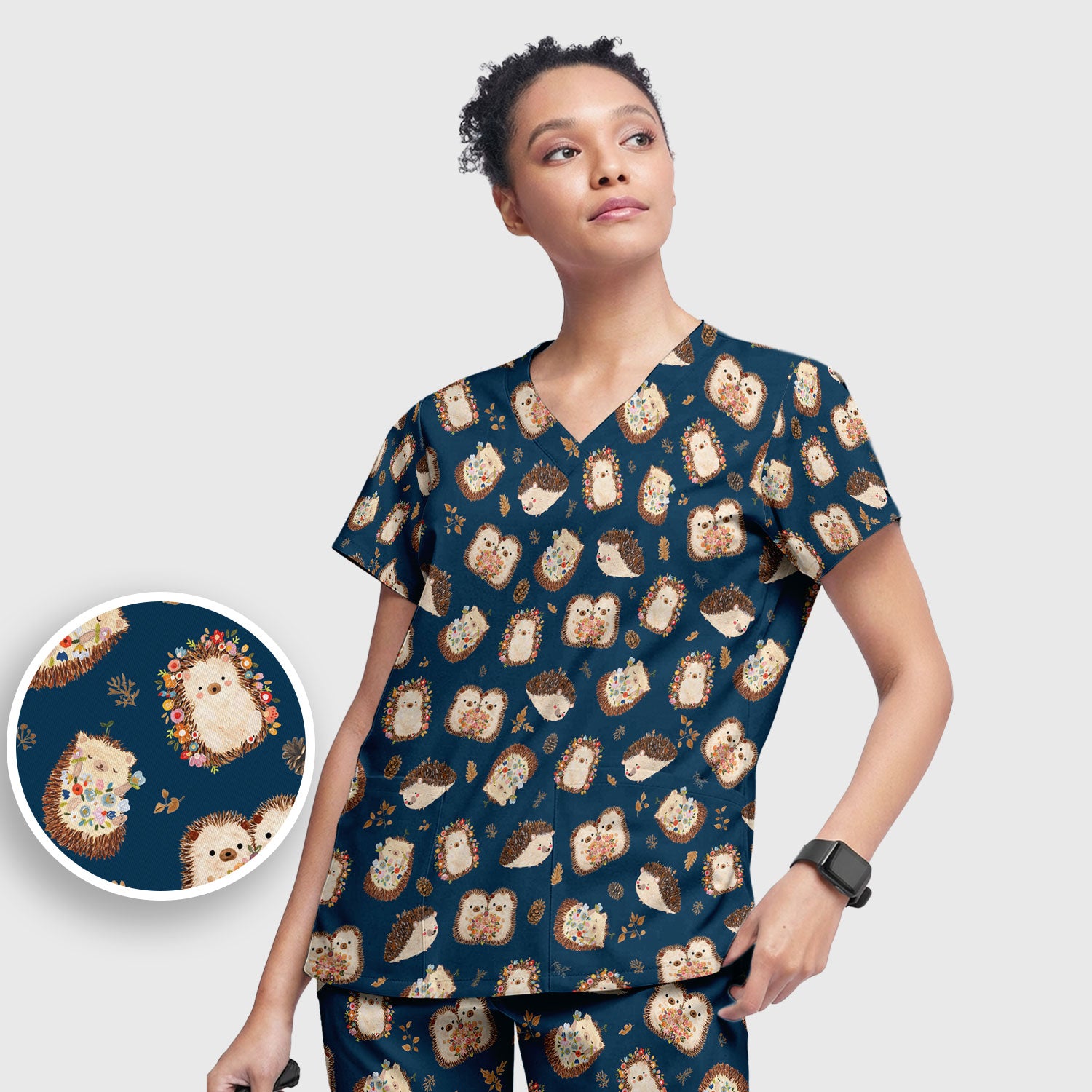 Cute Hedgehog Floral Scrub Set, Breathable Med Uniform