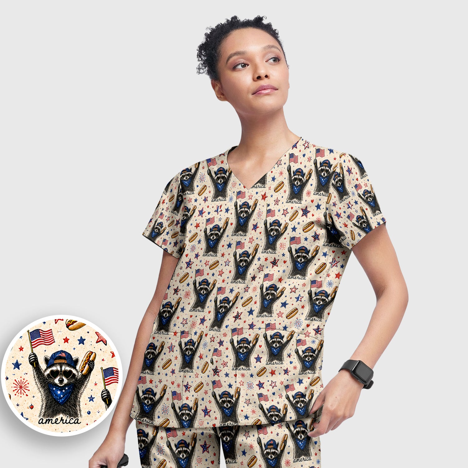 Patriotic Raccoon America Hotdog Pattern Scrub Set, Scrub Pants and V Neck Top