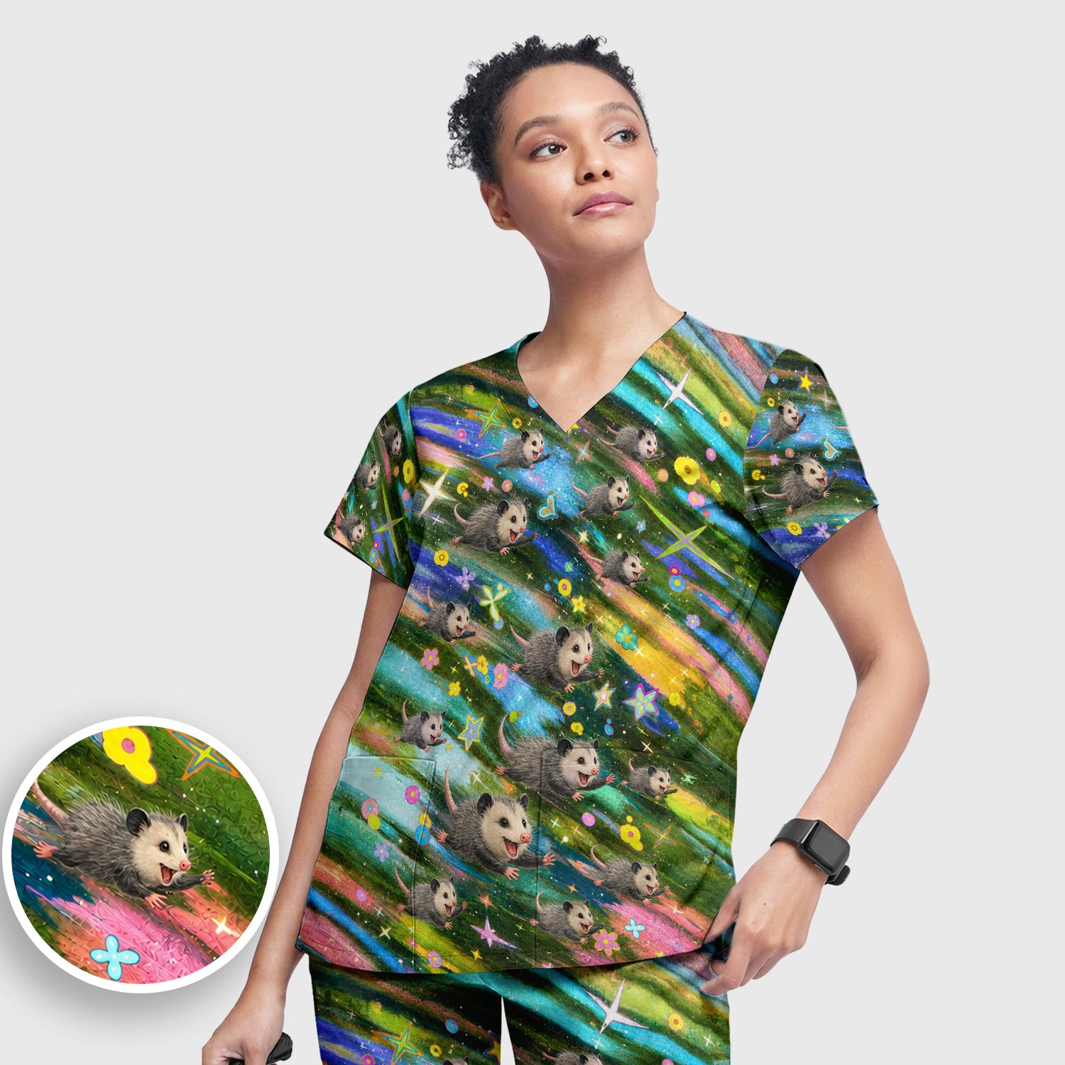 Colorful Opossum Rainbow Stars Print Scrub Set, Scrub Pants and V Neck Top