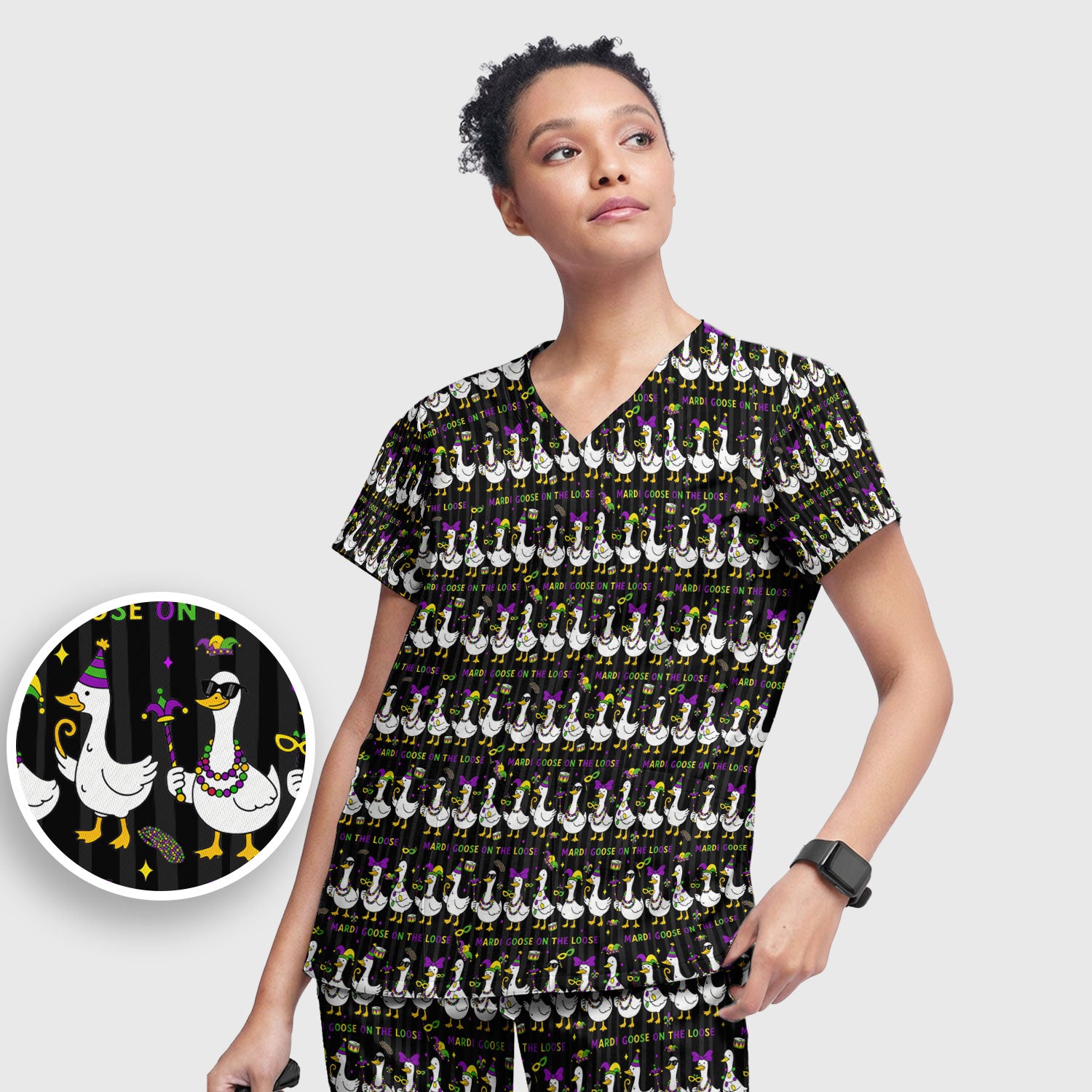 Mardi Gras Goose Nurse Scrub Set, Funny Carnival Medical Pattern Nurse Shirt, Breathable Fabrics Nursing Uniform